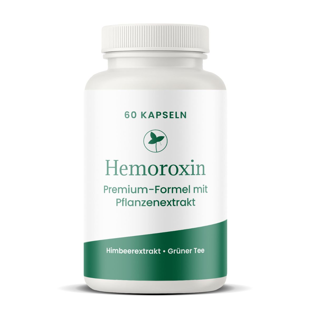 Weiße Flasche mit grünem Etikett. Aufschrift: Hemoroxin, 60 Kapseln. Enthält Himbeerextrakt und grünen Tee.