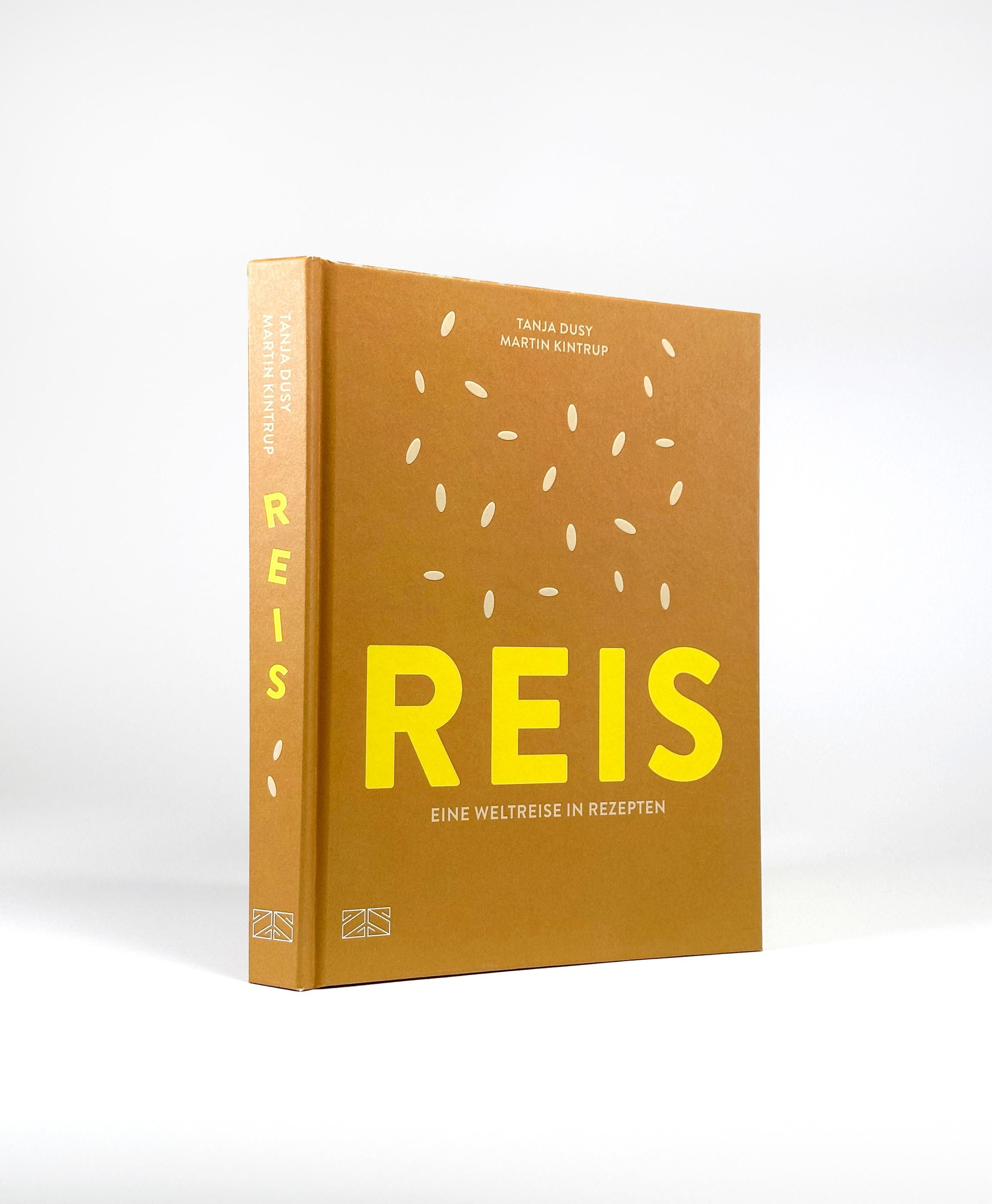 Buch mit dem Titel "REIS". Gelber Einband mit gelbem Schriftzug und Reiskorn-Illustrationen. Autoren: Tanja Dusy, Martin Kintrup.