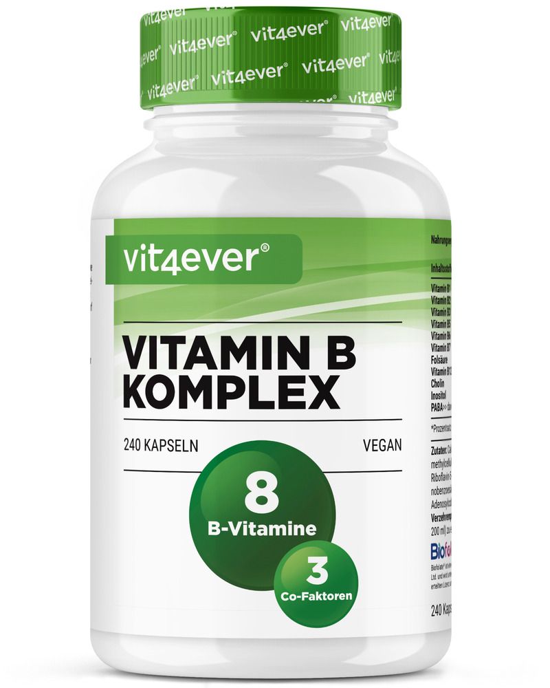 Vit4ever Vitamin B Komplex Flasche. 240 Kapseln. Vegan. 8 B-Vitamine und 3 Co-Faktoren. Aufschrift: Vitamin B Komplex.
