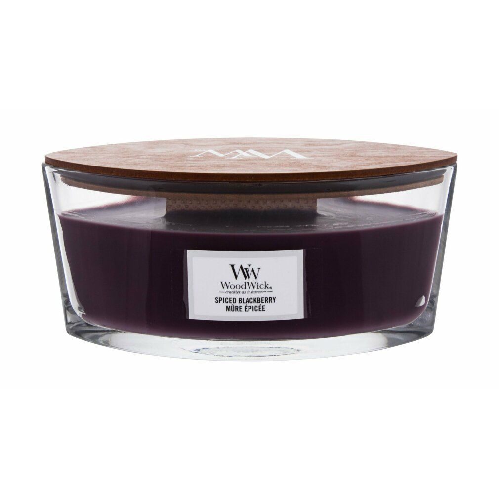 Ellipse-Kerze mit Holzdeckel. Violettes Wachs in Glasbehälter. Etikett "Spiced Blackberry". WW-Logo.