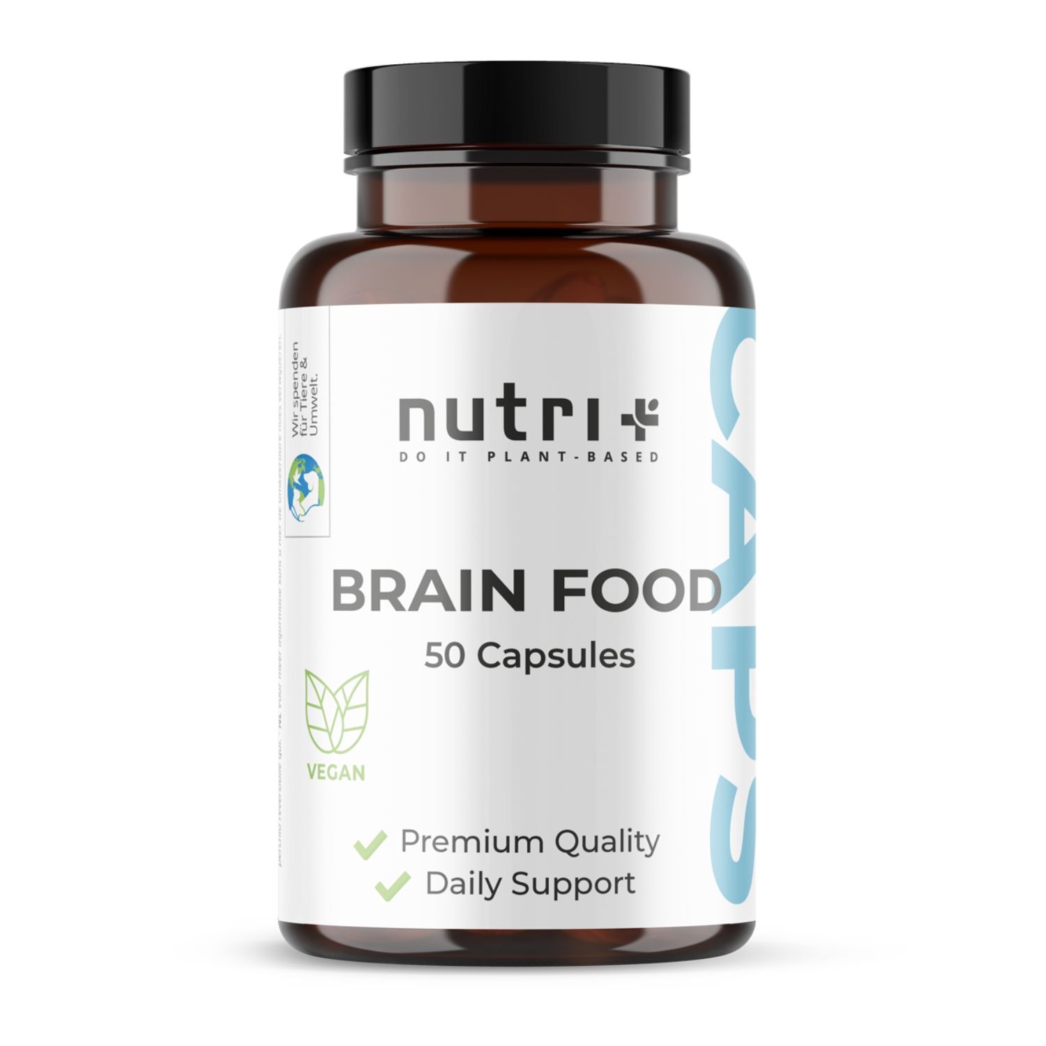 Braune Flasche mit schwarzen Deckel. Aufschrift: nutri+ Brain Food, 50 Kapseln, Premium Quality, Daily Support.