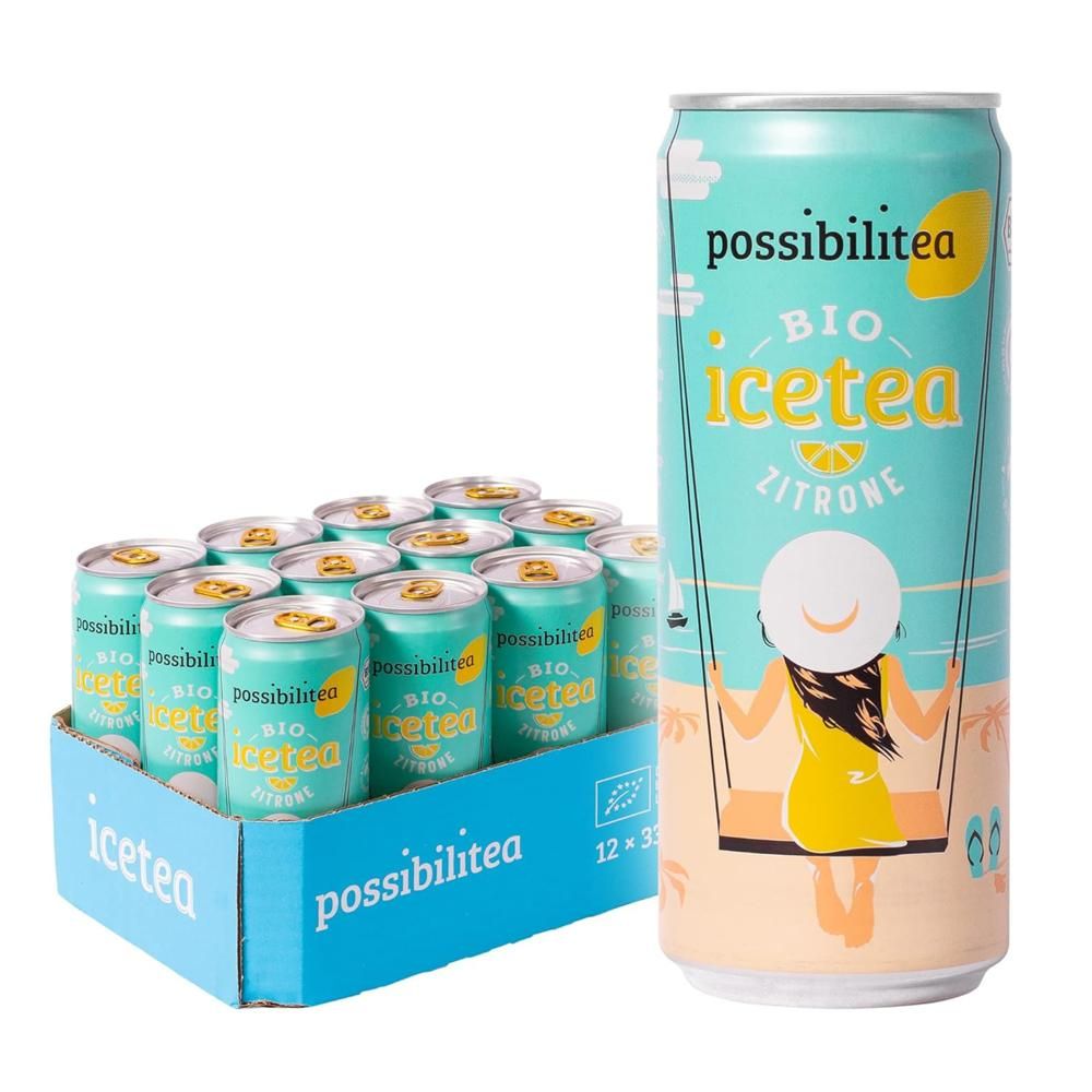 Possibilitea Bio Icetea Zitrone in Dose, neben einer blauen Box mit 12 Dosen. Illustration einer Frau auf einer Schaukel.