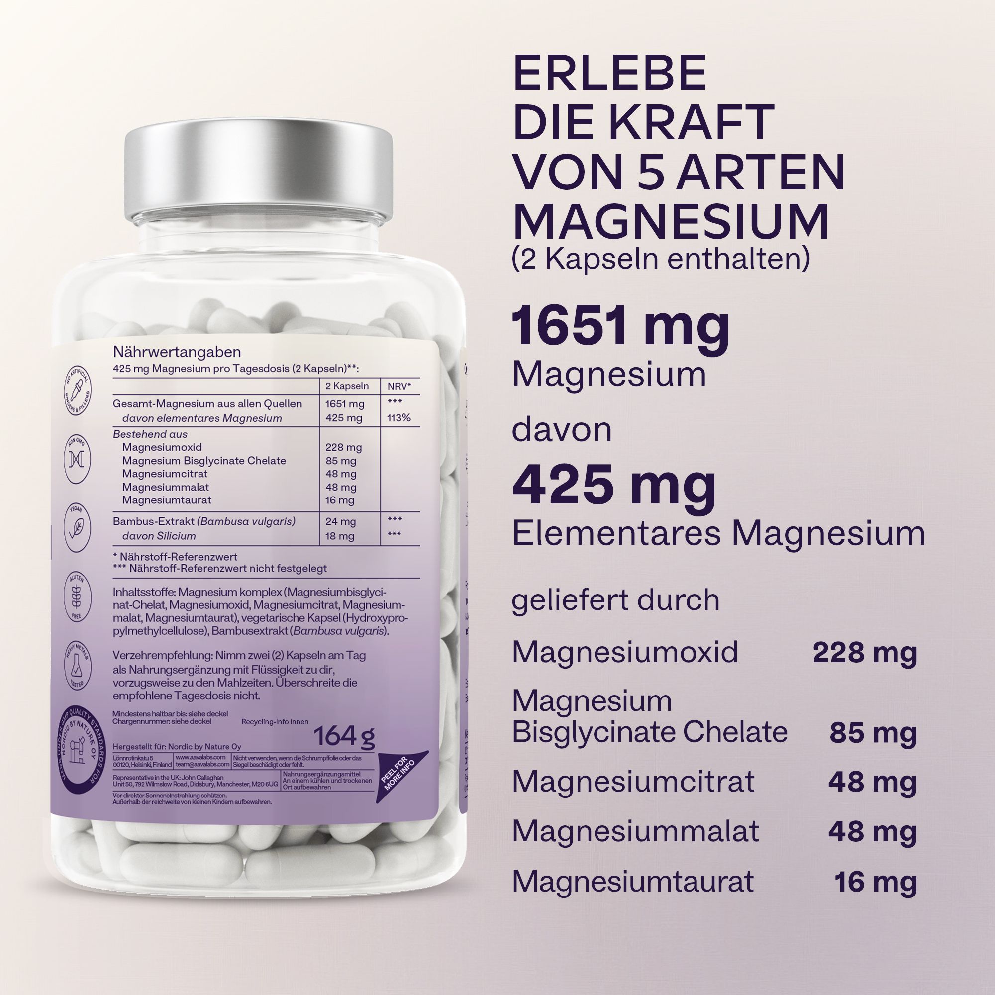 Flasche mit Kapseln und Text. Enthält Informationen über die Vorteile des Produkts und die Inhaltsstoffe.