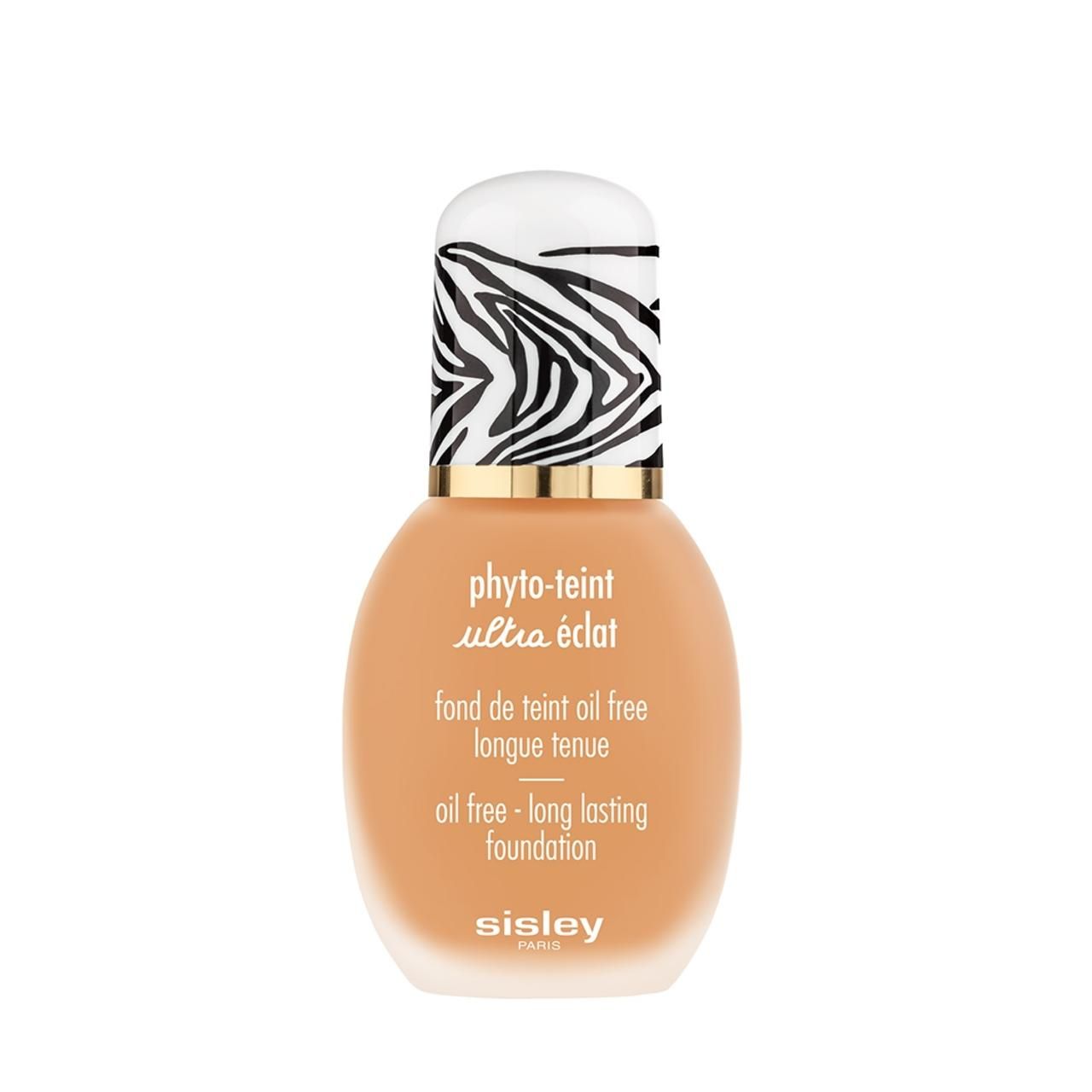 Sisley Phyto-Teint Ultra Eclat Foundation. Flasche mit Zebra-Muster-Deckel. Text: oil free - long lasting foundation.