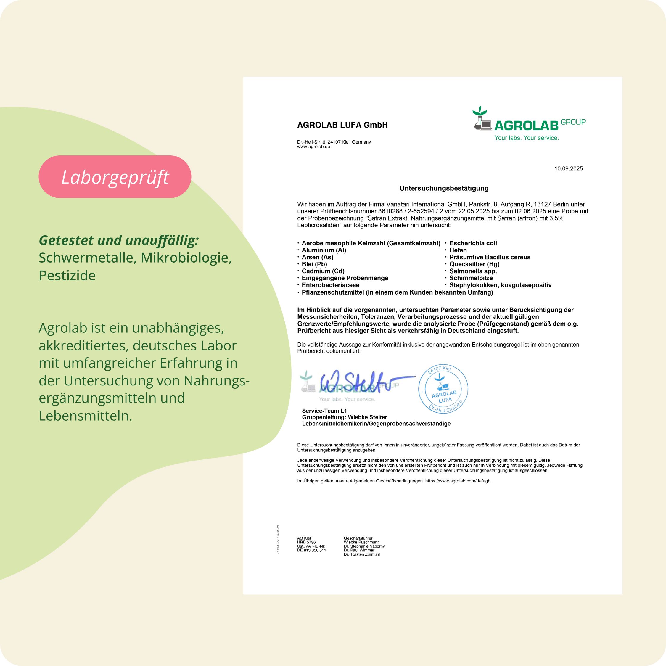 Laborbericht von Agrolab mit Testergebnissen für Schwermetalle, Mikrobiologie und Pestizide.