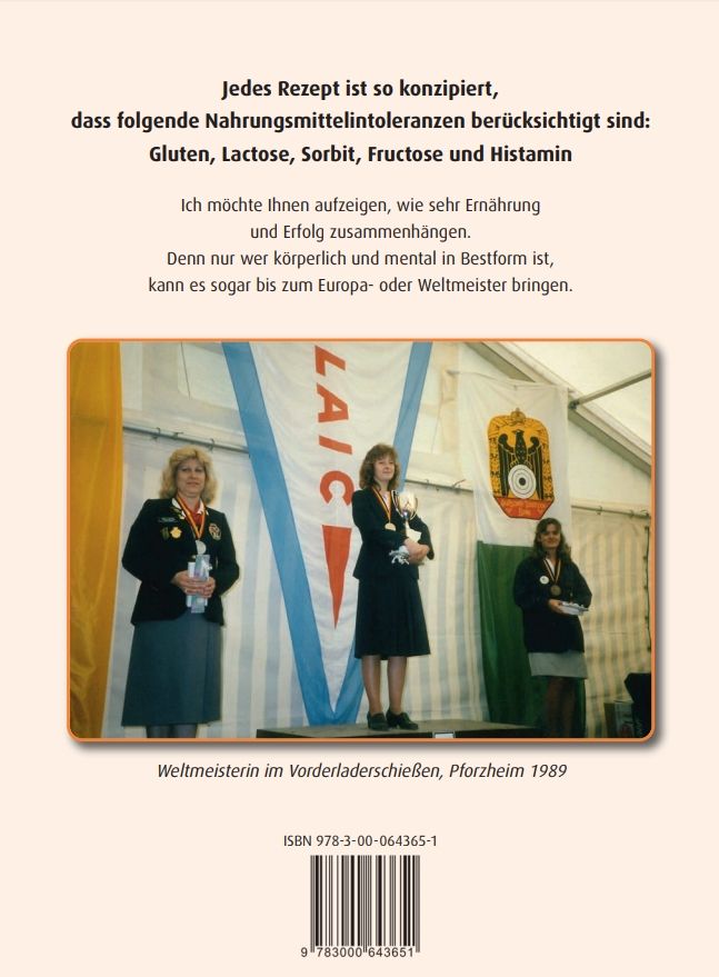 Buchcover, Rückseite. Text über Ernährung und Intoleranzen. Foto von Frauen auf einer Bühne, 1989.