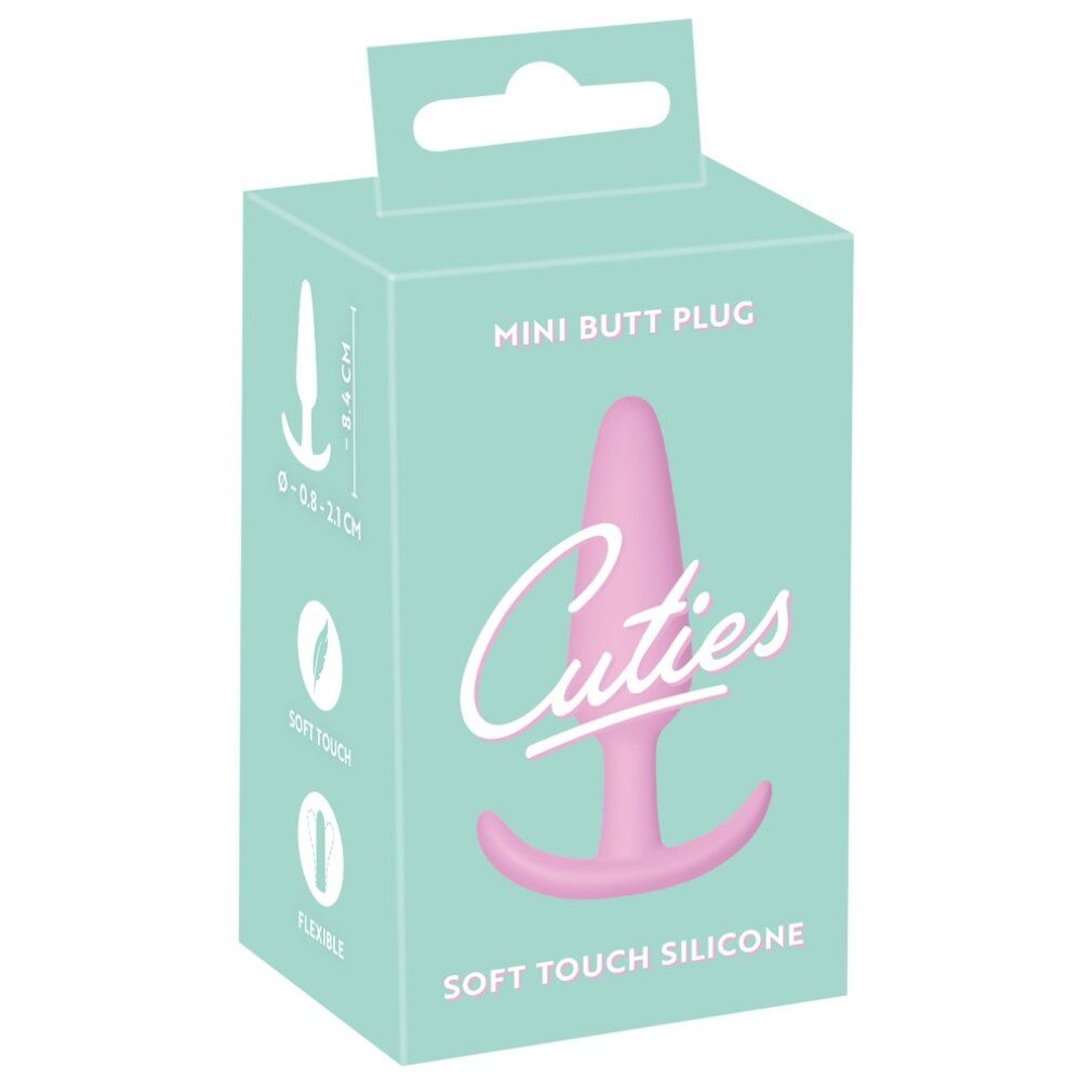 Verpackung mit rosa Plug. Aufschrift: Cuties, Mini Butt Plug, Soft Touch Silicone.