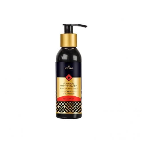 Schwarze Flasche mit goldfarbenem Pumpkopf. Aufschrift: "NATURAL WATER-BASED PLEASURE MOISTURIZER".
