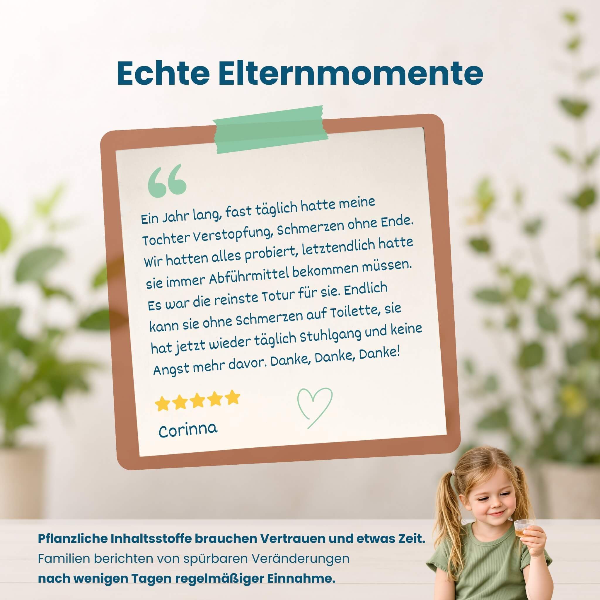 Mutter liest positive Bewertung über Herby Family Oh-La-Lax Sirup.