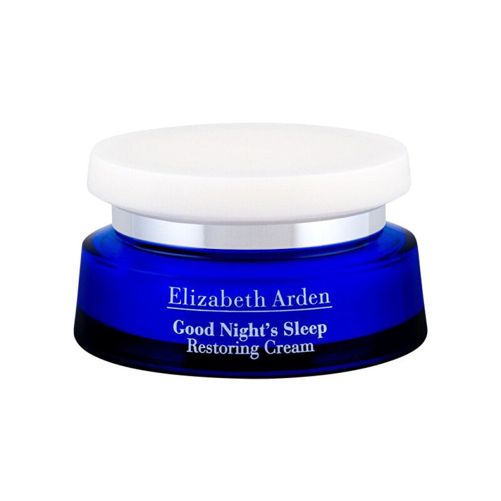 Blaue Creme-Dose mit weißem Deckel. Aufschrift: Elizabeth Arden Good Night's Sleep Restoring Cream.