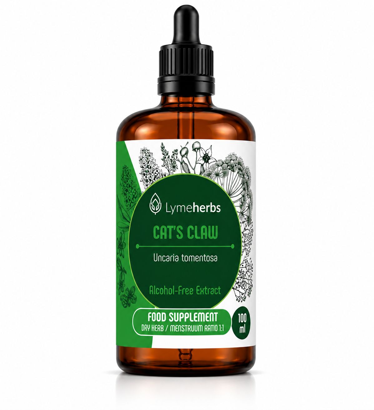 Lymeherbs Katzenkralle alkoholfreier Extrakt 1:1, 100ml, Braunglasflasche mit Pipette.