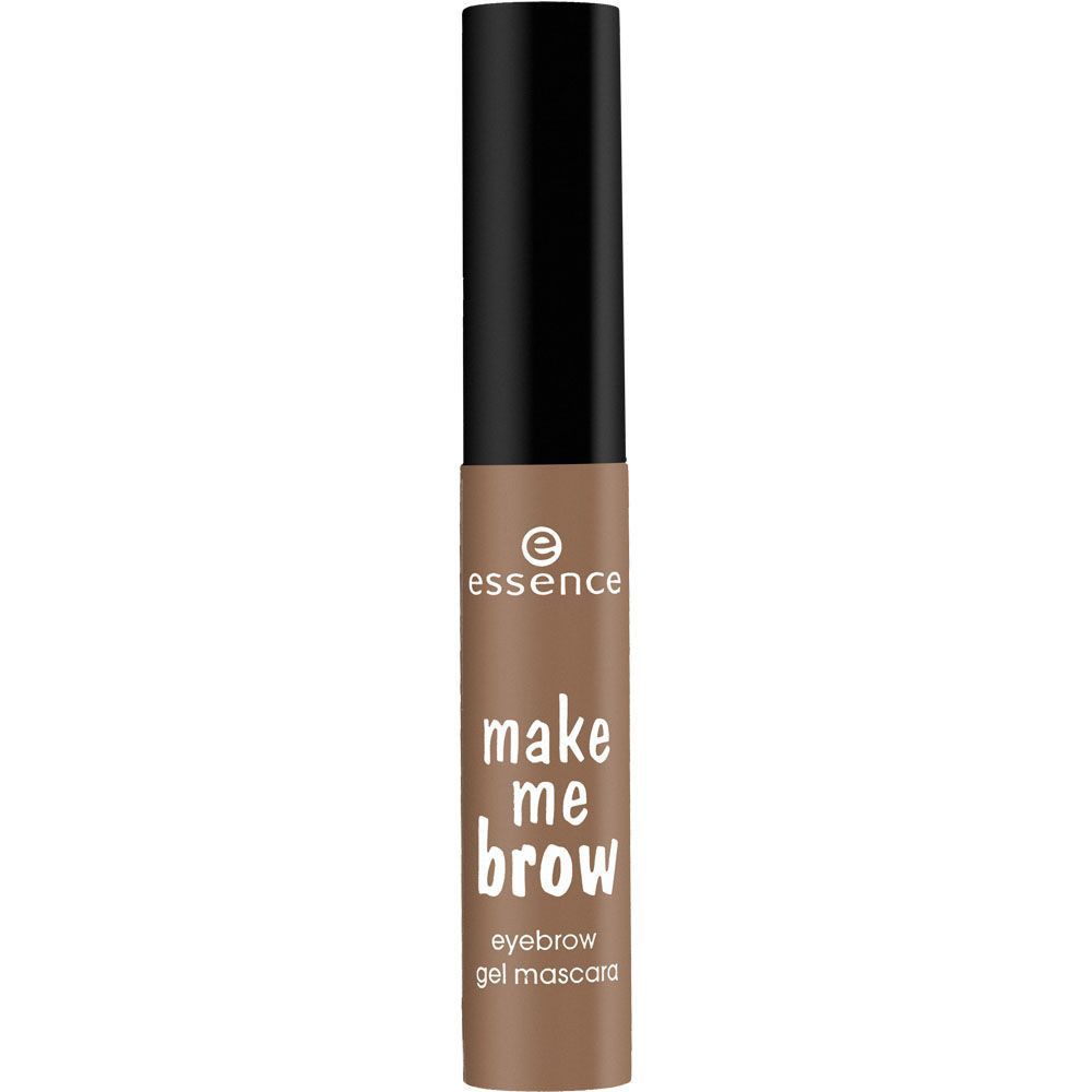 Augenbrauengel-Mascara. Beige Tube mit schwarzem Deckel. Schriftzug: make me brow, eyebrow gel mascara.