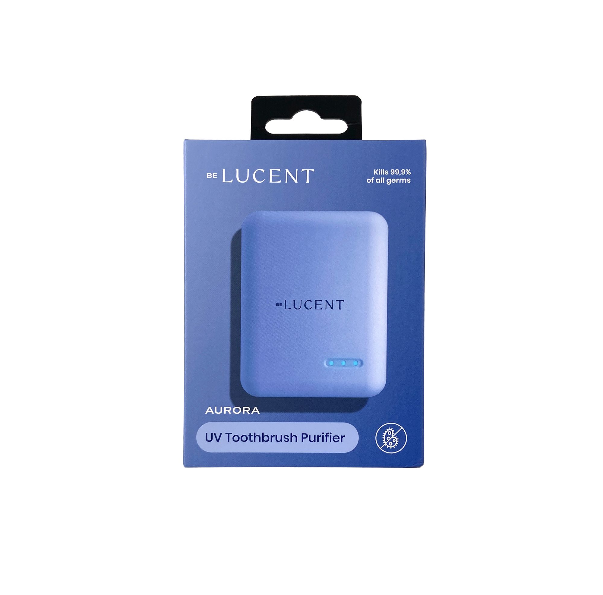 Verpackung für ein Zahnbürstenetui. Auf der Verpackung steht "BE LUCENT", "AURORA" und "UV Toothbrush Purifier".