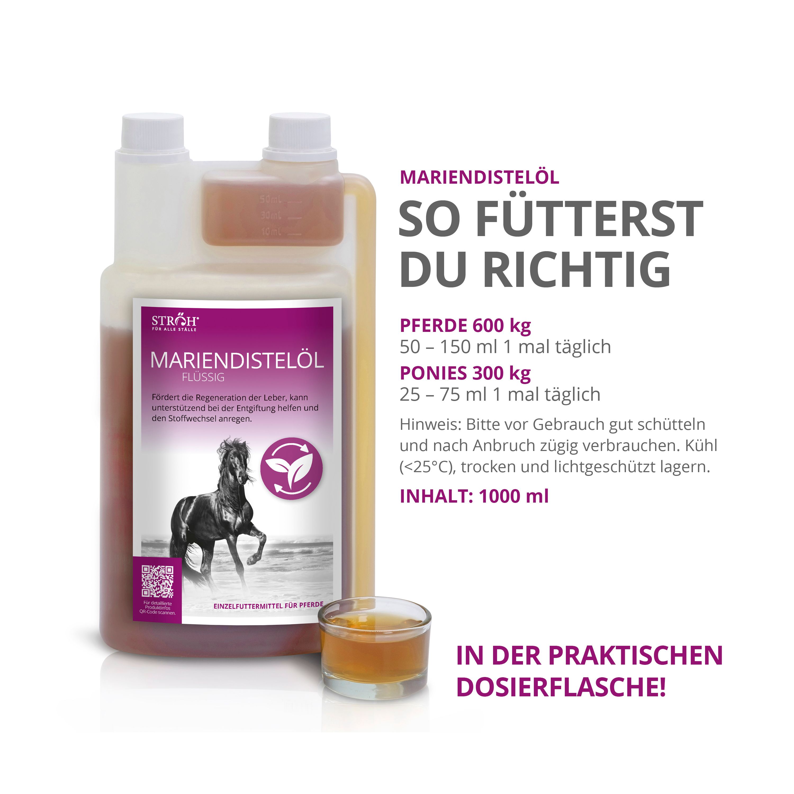 Mariendistelöl Flüssig-Flasche mit Logo und Pferd. Neben einer kleinen Schale mit Flüssigkeit. Text und Dosierungsanleitung.