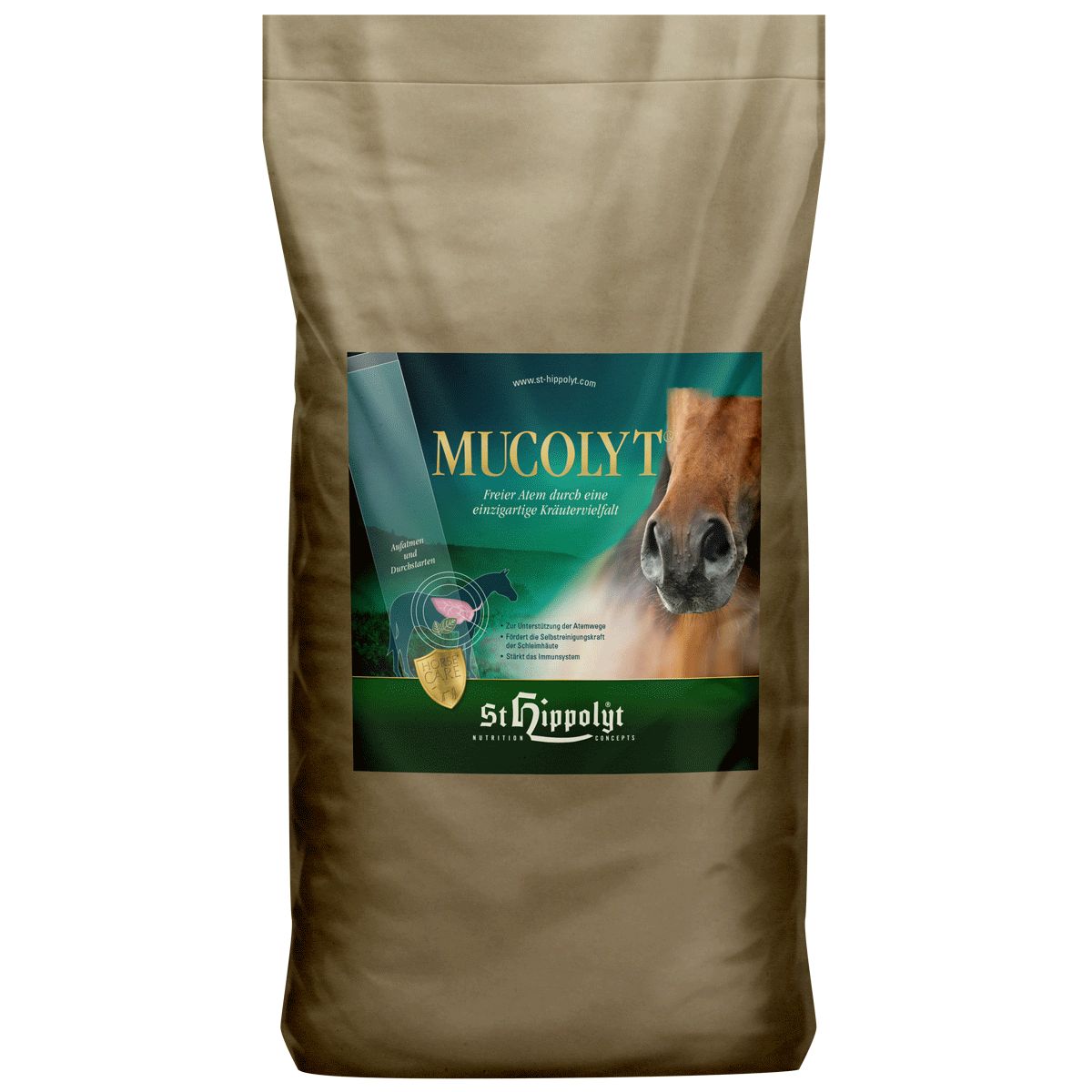 Beige Verpackung mit Produktaufdruck. Aufschrift: MUCOLYT, St. Hippolyt. Abbildung eines Pferdekopfes. Text in deutscher Sprache.
