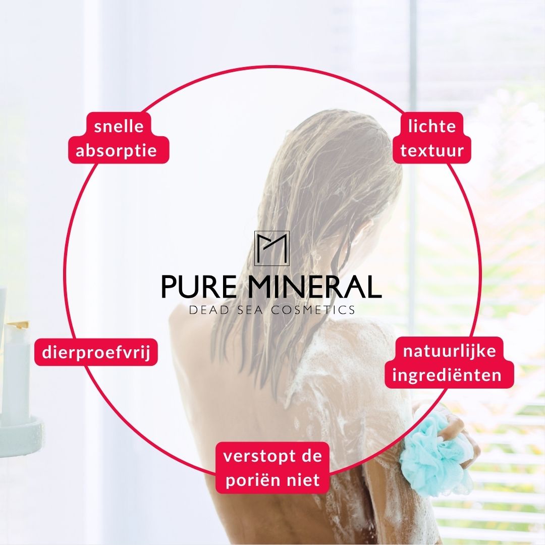 Vrouw onder de douche. Tekst: Snelle absorptie, lichte textuur, dierproefvrij, natuurlijke ingrediënten, verstopt de poriën niet.