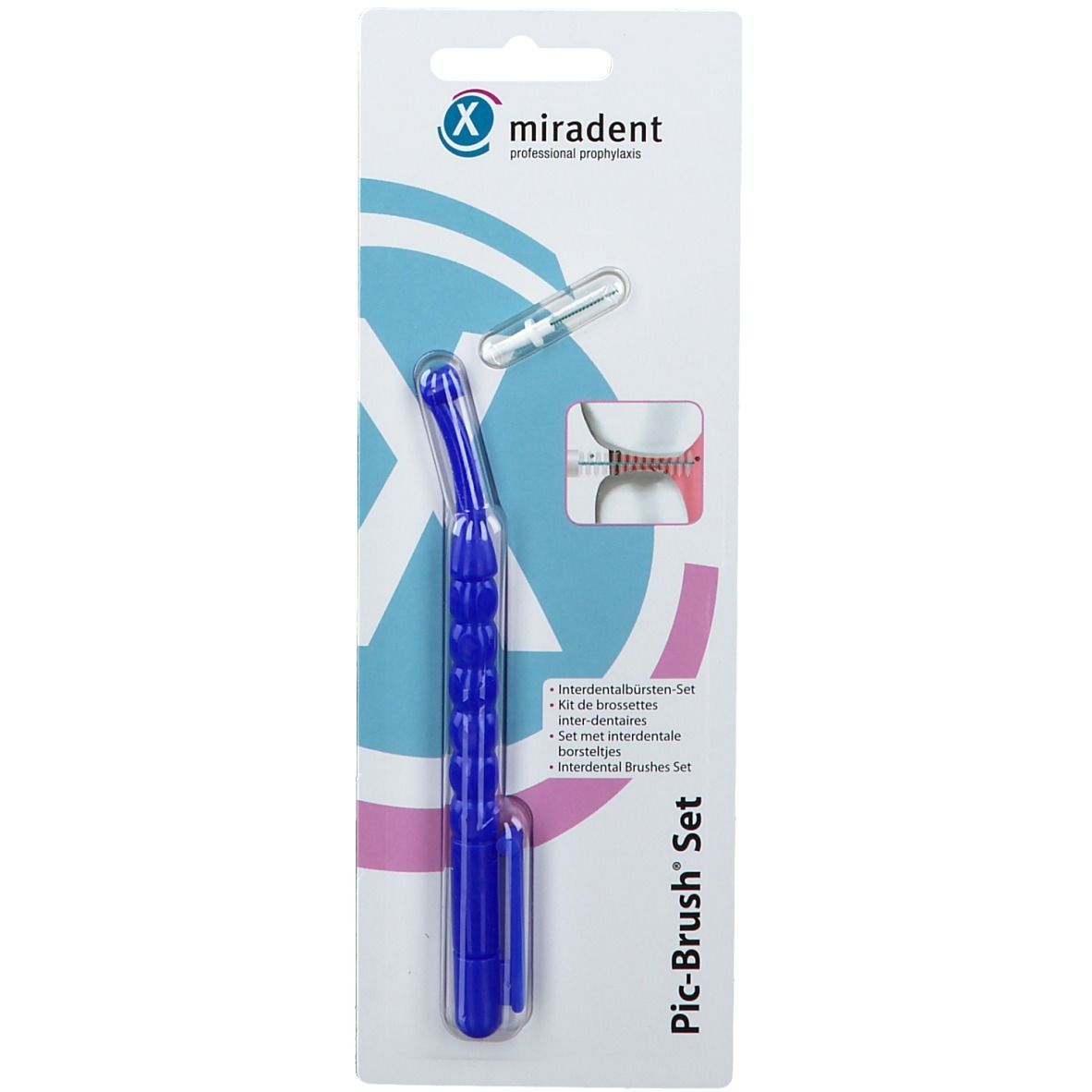 Blaues miradent Pic-Brush Set mit Griff und Bürsten. Verpackung mit Produktabbildung und Text. Aufschrift: "miradent professional prophylaxis".