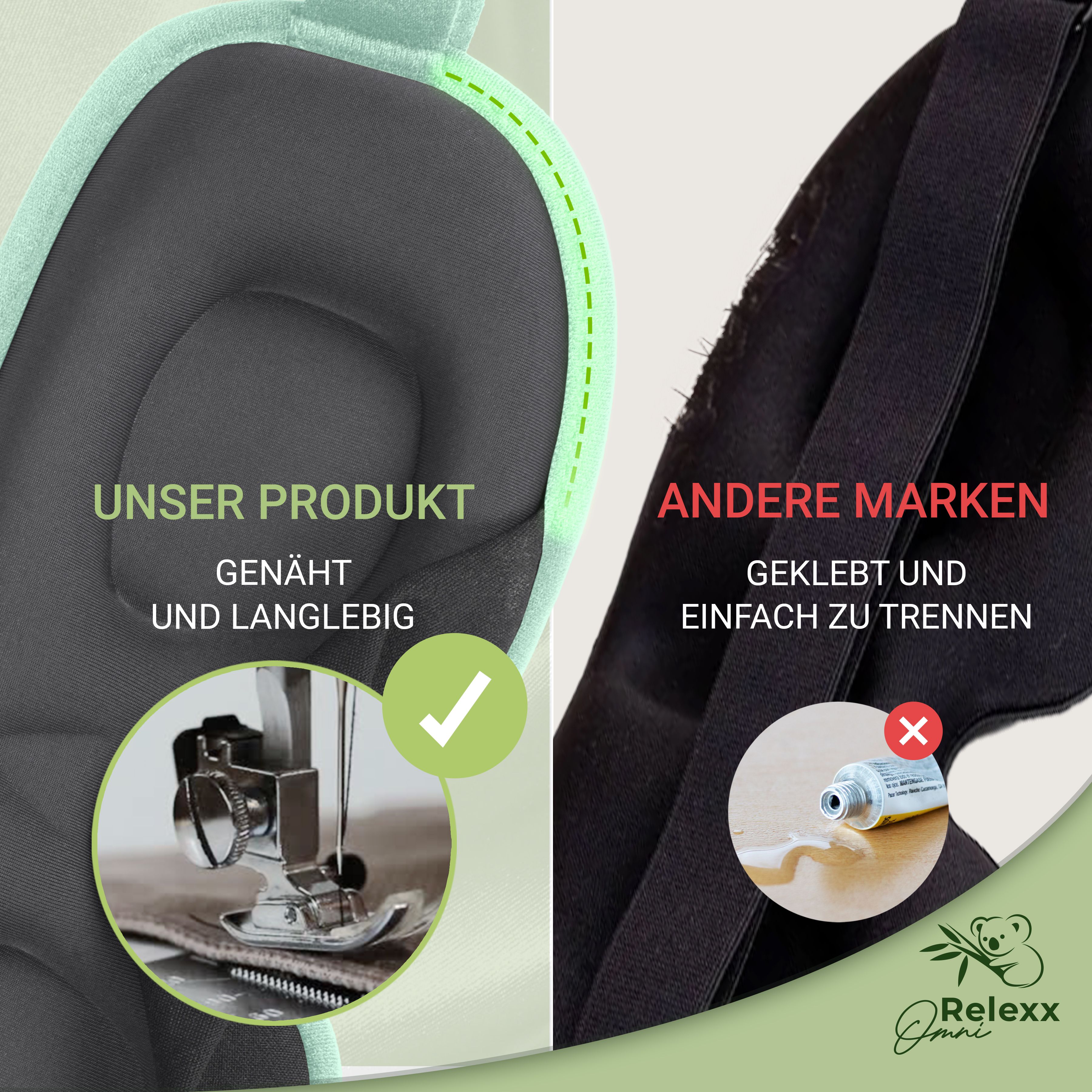 Vergleich: Genähte Schlafmaske vs. geklebte. Genäht: haltbar. Geklebt: leicht zu trennen. Nähmaschine und Kleber gezeigt. Logo Relexx Omni.