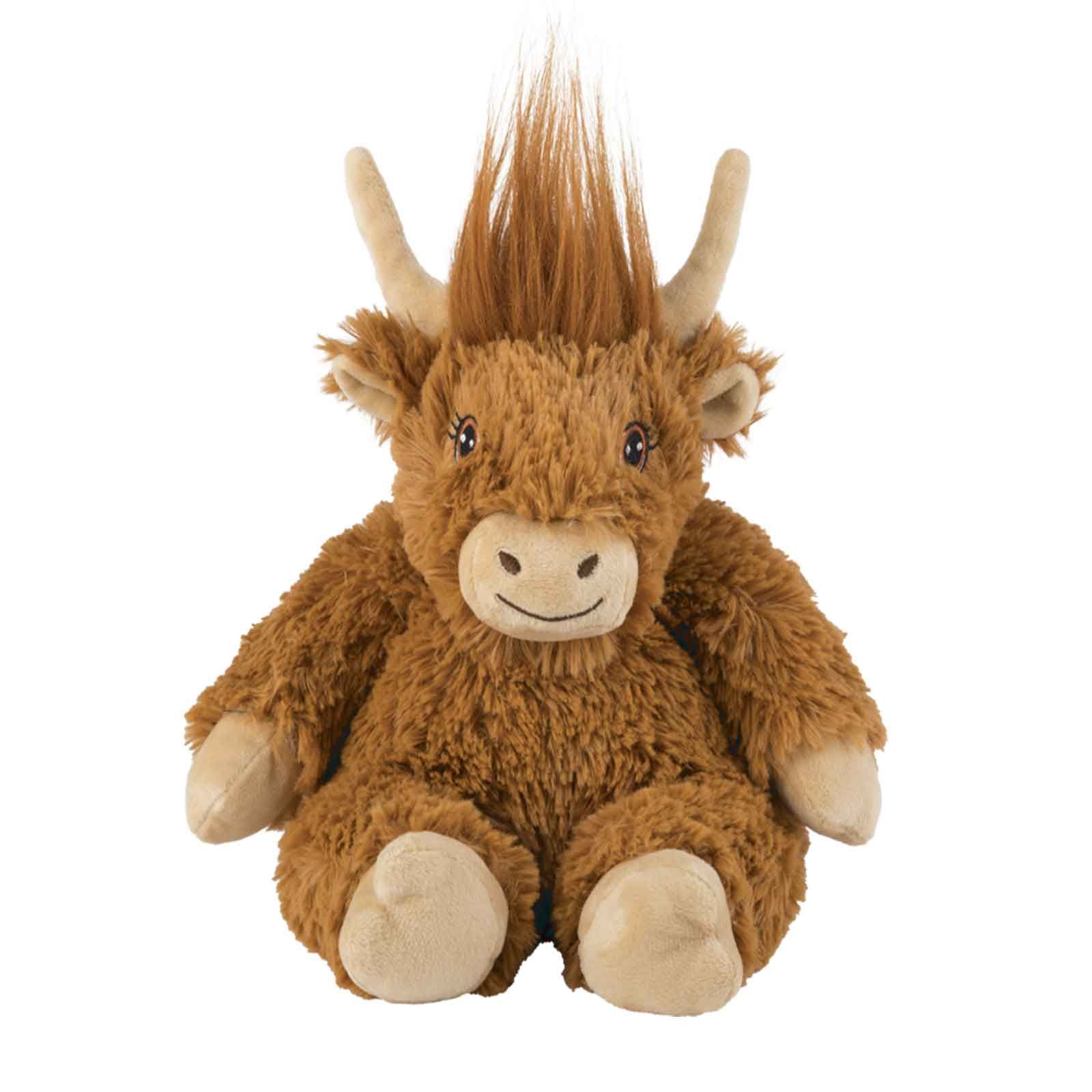 Plüschtier Hochlandrind, braunes Fell, Hörner, sitzt. Augen und Gesichtselemente aufgenäht.