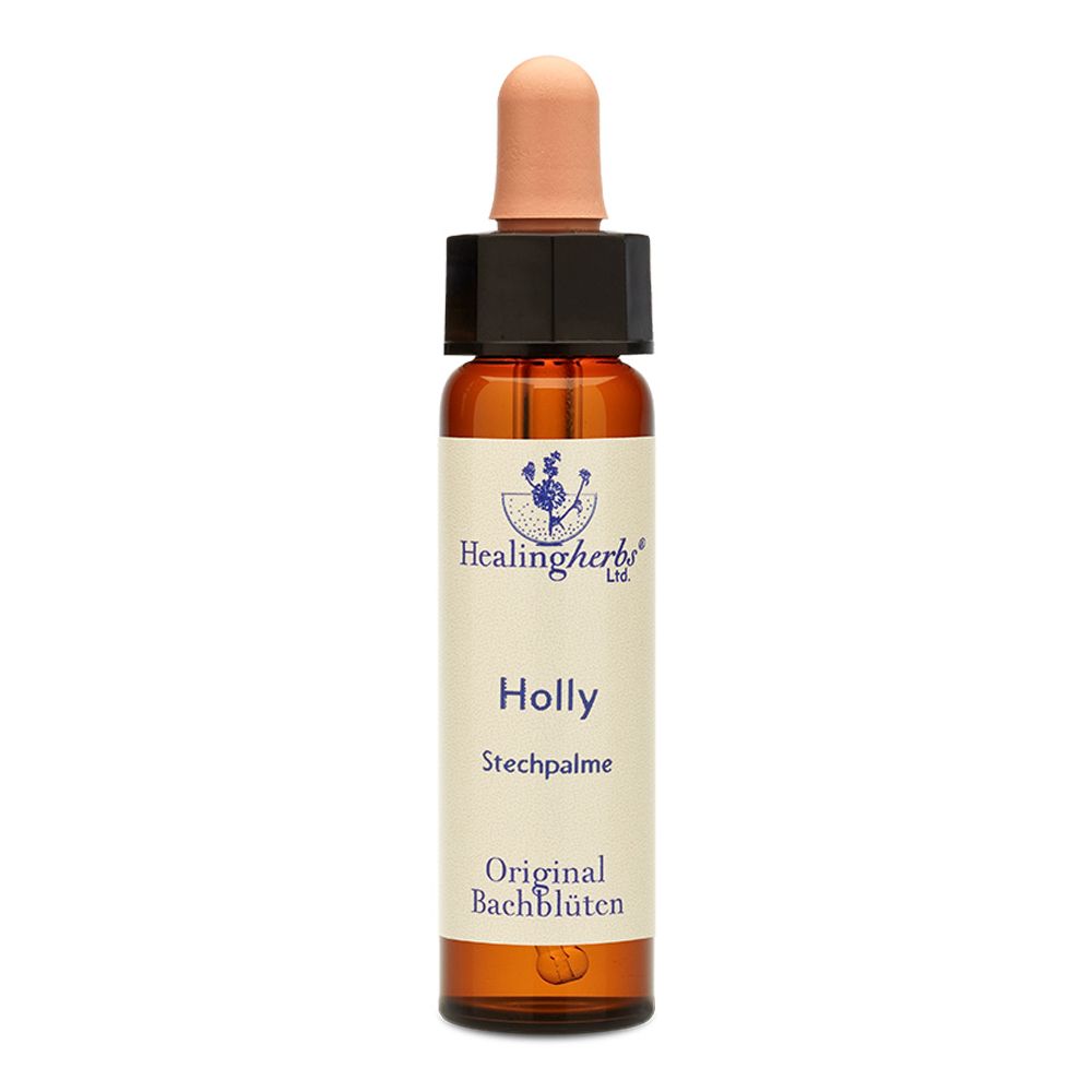 Braune Glasflasche mit Tropfer. Beschriftung: Healing Herbs, Holly, Stechpalme, Original Bachblüten.