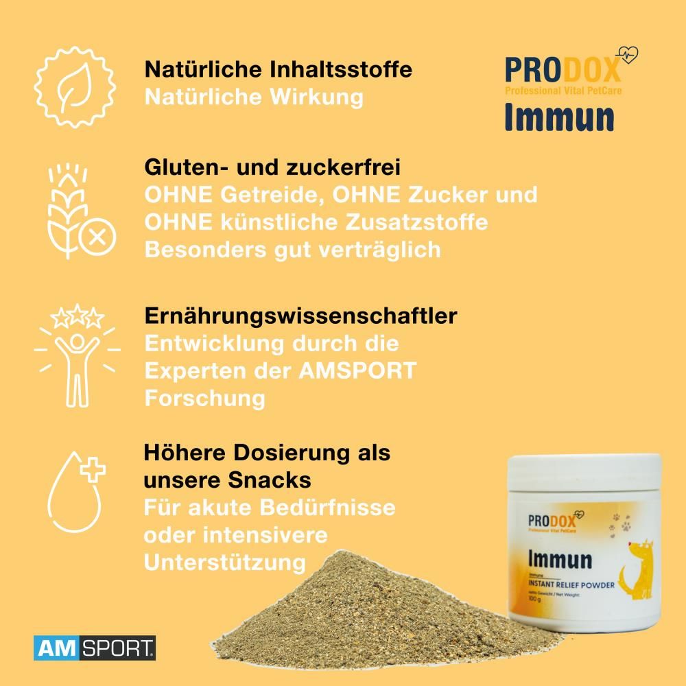 Gelber Hintergrund mit Text und Pulver. Text: Natürliche Inhaltsstoffe, Gluten- und zuckerfrei, Ernährungswissenschaftler, Höhere Dosierung. Dose: PRODOX, Immun.