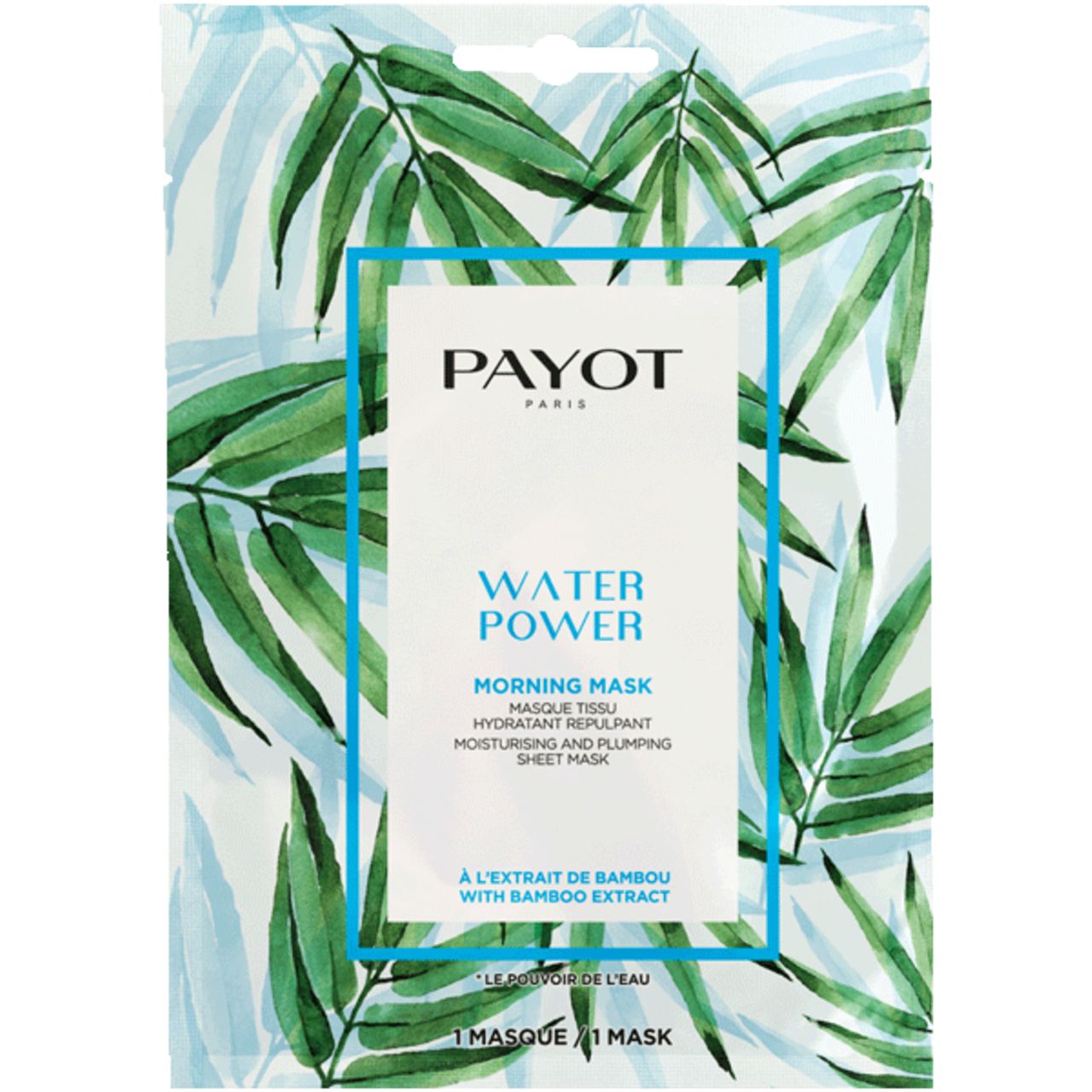 Payot Water Power Gesichtsmaske. Weiße Verpackung mit blauem Rahmen und Logo. Text: Morning Mask, Bamboo Extract.