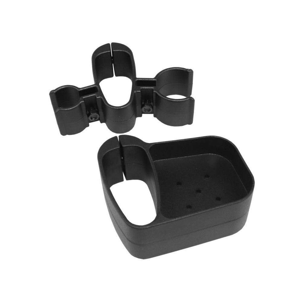 Schwarzer Stockhalter für Rollator. Enthält zwei Halterungen und eine Ablage mit Löchern. Kunststoff.