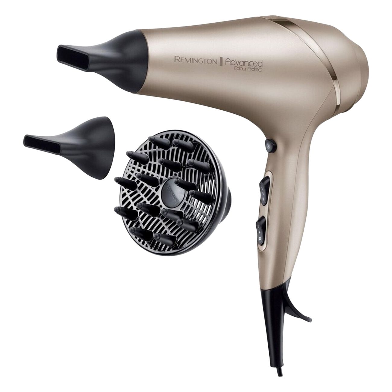 Haartrockner mit Aufsätzen. Goldfarbenes Gehäuse, schwarze Düsen. Diffusor und Stylingdüse liegen daneben.