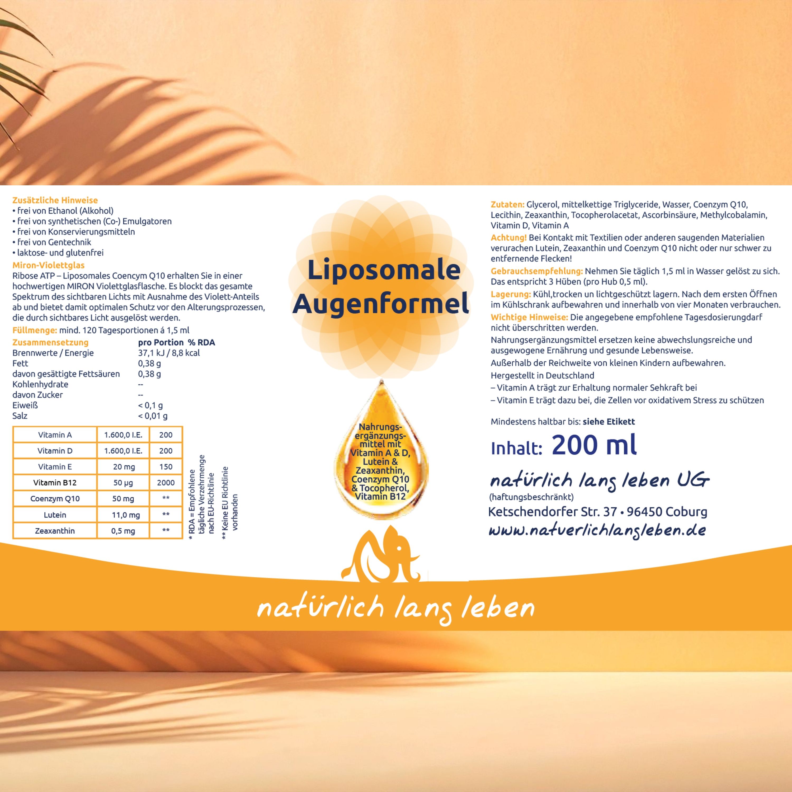 Etikett mit Produktinformationen. Liposomale Augenformel, 200 ml. Enthält Vitamin A, D, E, B12, Lutein, Zeaxanthin, Coenzym Q10. Marke: natürlich lang leben.