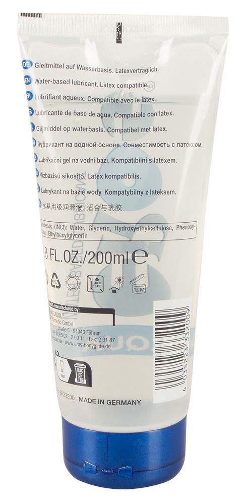 EROS Aqua Gleitmittel in transparenter Tube mit blauem Verschluss, schräg liegend.