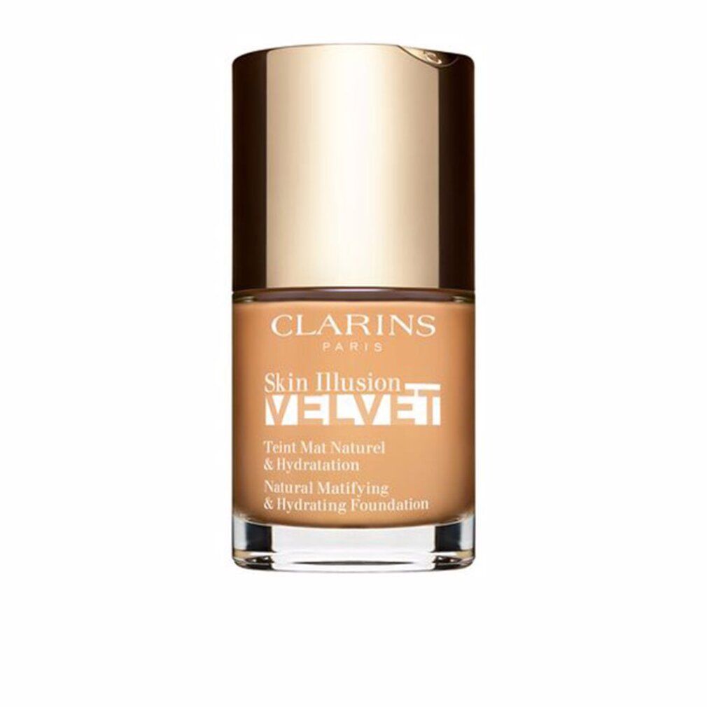 Clarins Skin Illusion Velvet Foundation. Flasche mit goldfarbenem Deckel. Text: Natural Matifying & Hydrating Foundation.