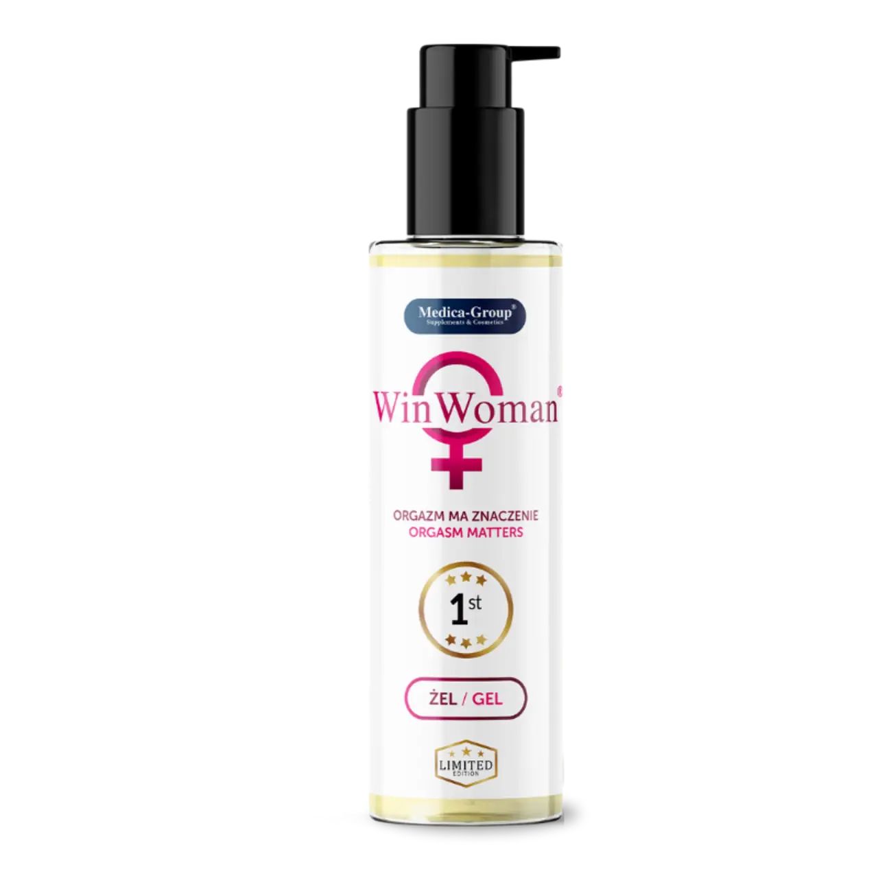 WinWoman Gel-Flasche mit schwarzem Pumpkopf. Logo, Produktname und Text auf dem Etikett. Rosa Frauen-Symbol.