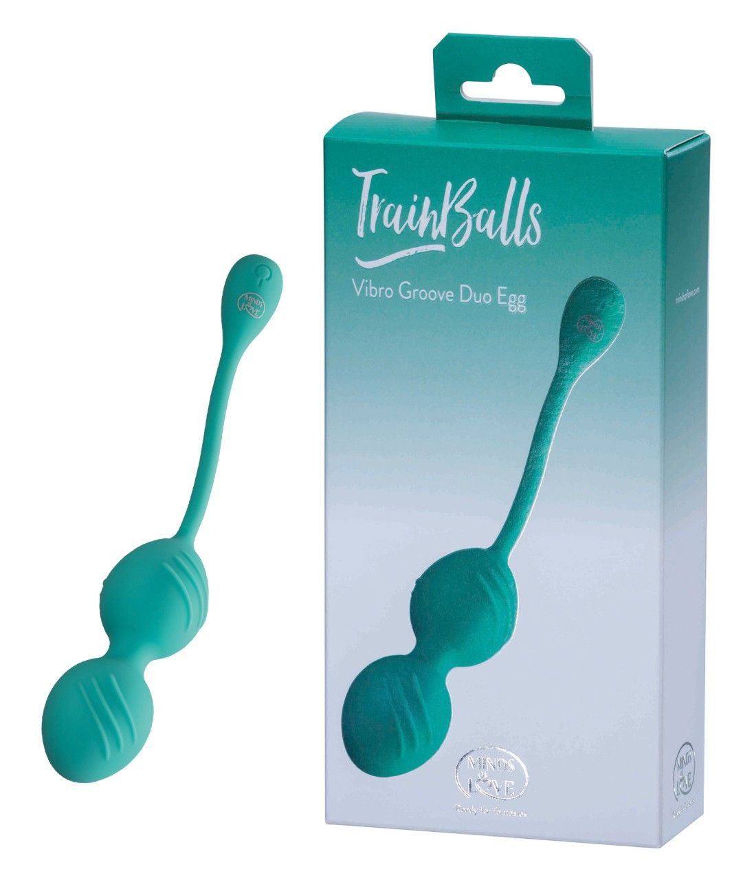 Türkisfarbenes Duo-Ei. Verpackung mit Produktabbildung und Schriftzug TrainBalls.