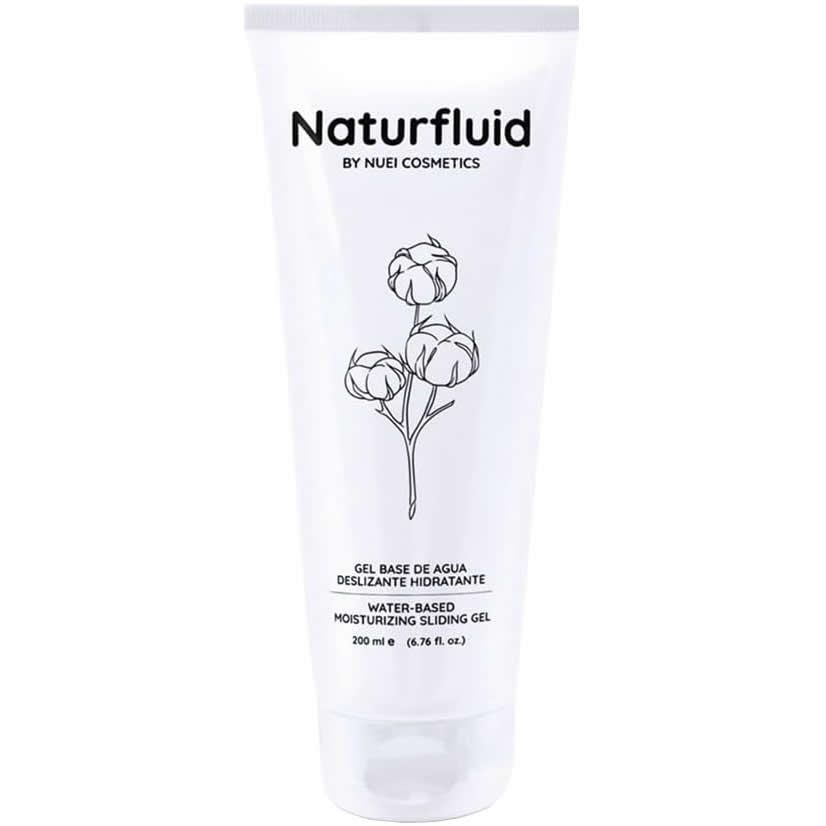 Weiße Tube mit Produktnamen Naturfluid und floraler Illustration. Text: Gel base de agua, Water-based moisturizing sliding gel.
