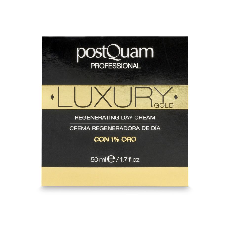 Schwarze Schachtel mit goldener Schrift. Aufschrift: Luxury Gold, Regenerating Day Cream. Marke: Postquam Professional. Mit 1% Gold.