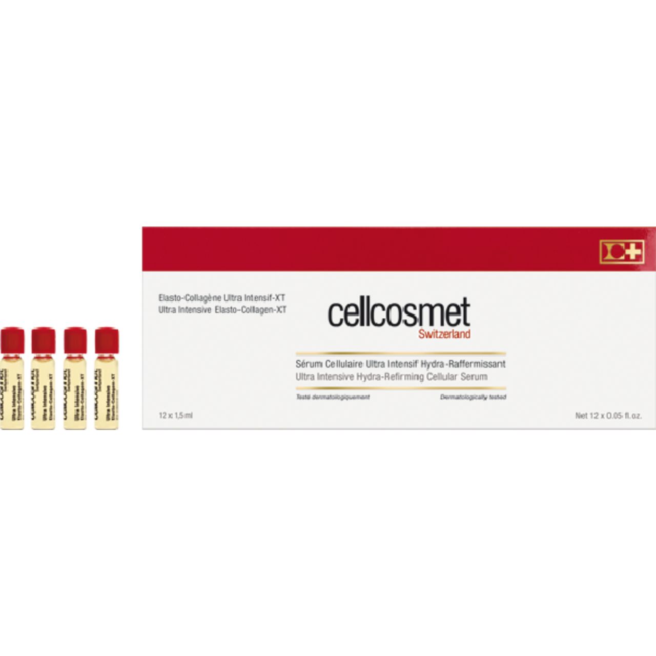 Packung mit 12 Ampullen. 4 Ampullen daneben. Rote Kappen, transparente Flüssigkeit. Text: cellcosmet, Schweiz.