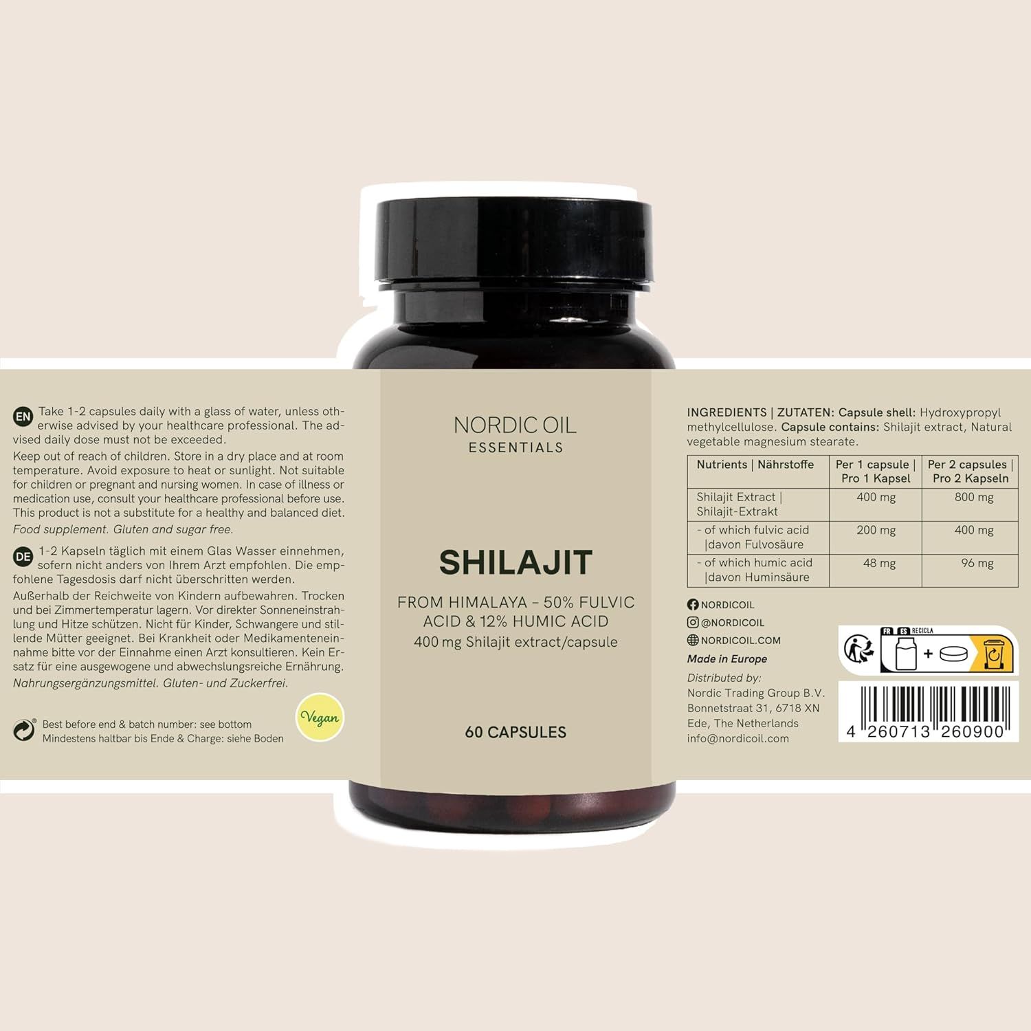 Flasche Shilajit-Kapseln mit Etikett. Etikett zeigt: Nordic Oil Essentials, Inhaltsstoffe, Nährwerte, Gebrauchsanweisung, Vegan-Siegel.