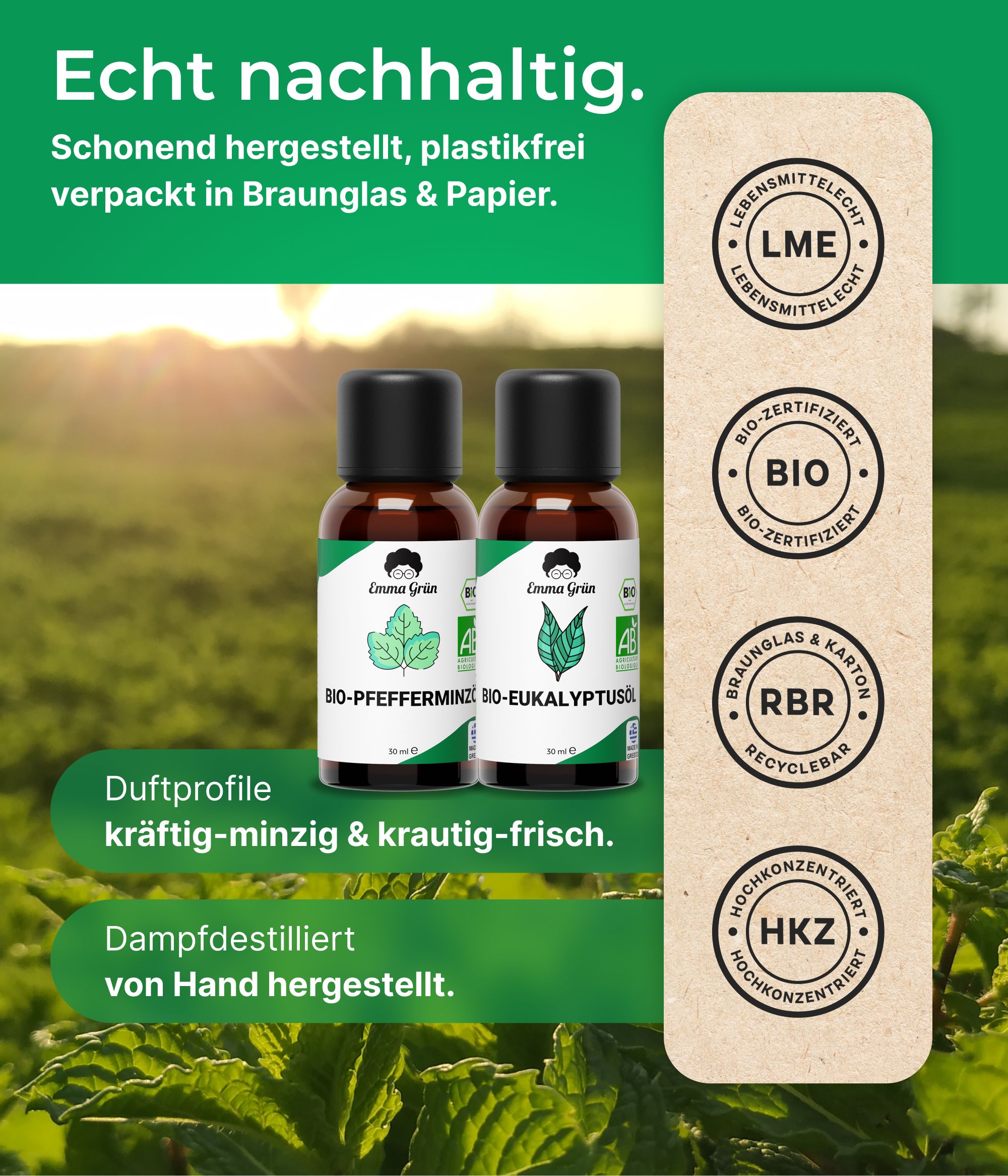 Zwei Flaschen mit Etiketten. Text: "Echt nachhaltig". "Schonend hergestellt, plastikfrei verpackt in Braunglas & Papier". Zertifizierungen.