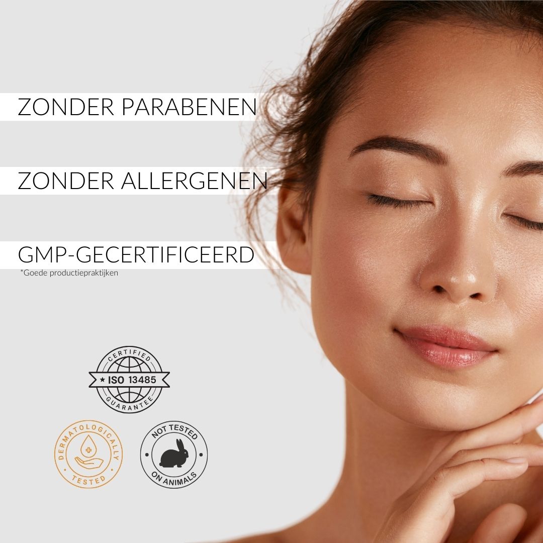 Vrouw met gesloten ogen. Tekst: Zonder parabenen, Zonder allergenen, GMP-gecertificeerd. Certificeringen.