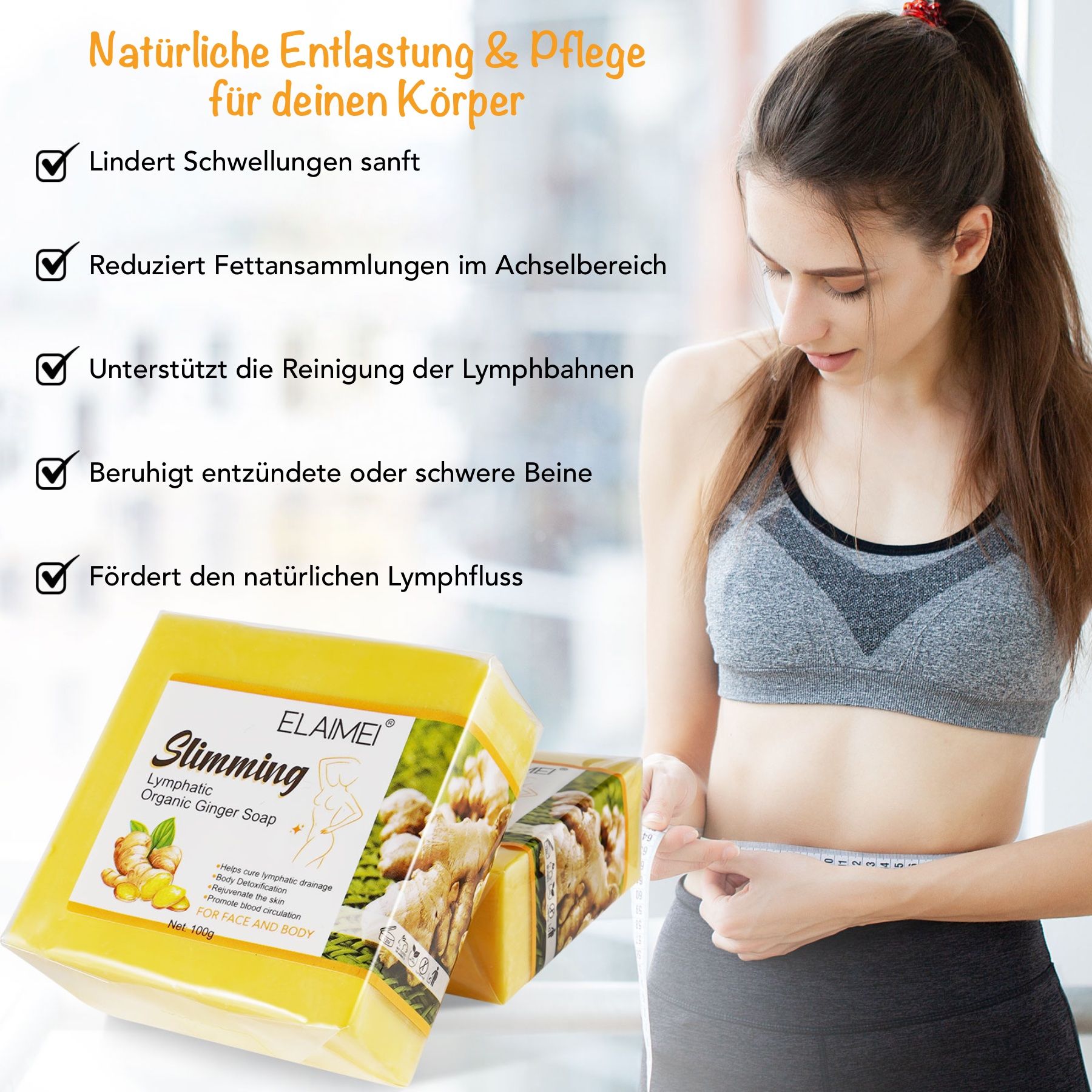 Gelbe Seife neben einer Frau. Aufschrift: Slimming Lymphatic Organic Ginger Soap. Checklisten.