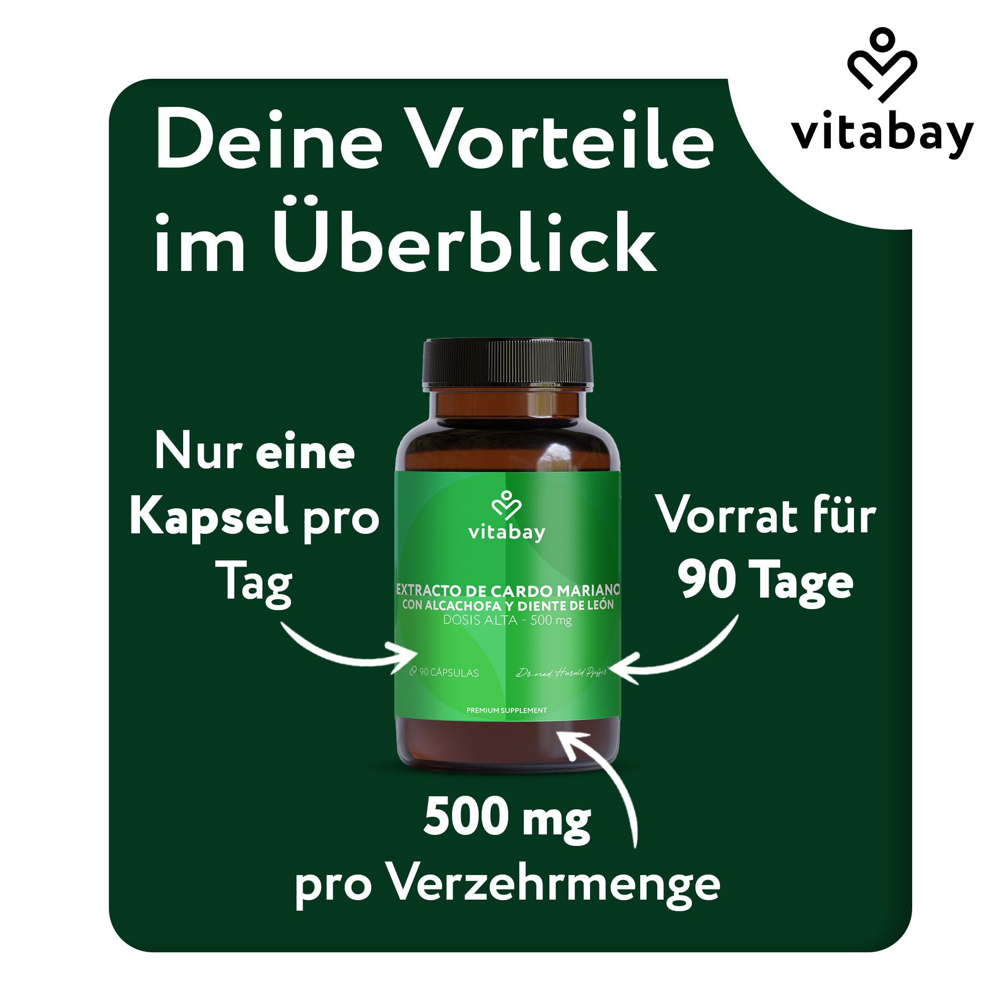 Vitabay Mariendistel Komplex Dose, 90 Kapseln, 500 mg. Vorderseite.