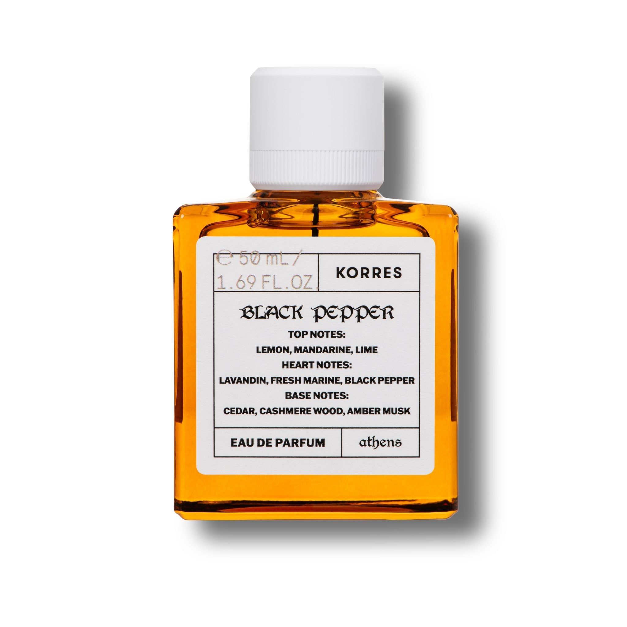 KORRES Eau de Parfum für Ihn Black Pepper. Eckiger Glasflakon mit weißem Verschluss. Etikett mit Produktinformationen.