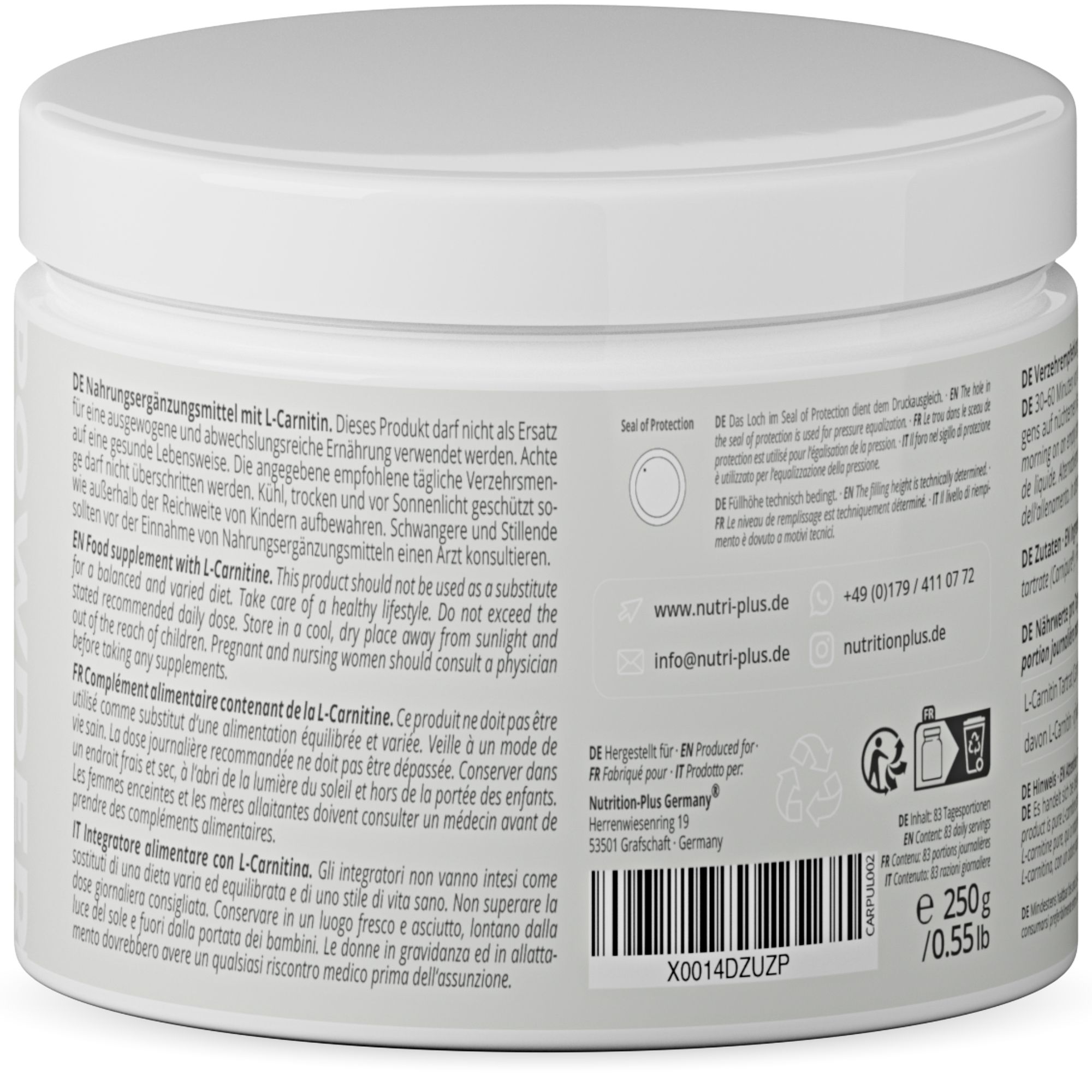 Rückseite des Produktglases mit Text in mehreren Sprachen. Enthält Informationen zu Inhaltsstoffen und Anwendung. 250g.