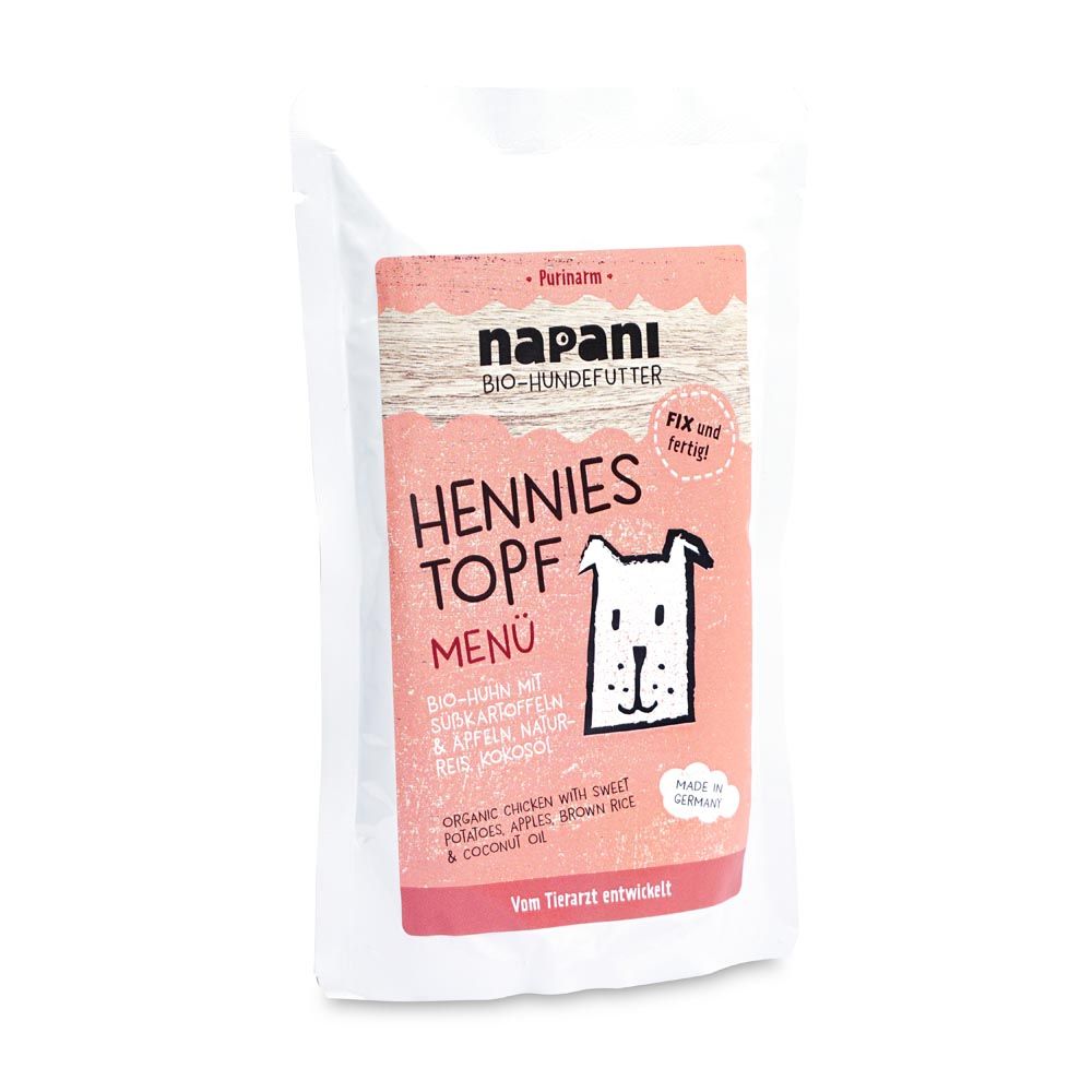 Verpackung von napani Bio Menü für Hunde. Rosa Etikett mit Produktname, Hund, und Inhaltsangaben. "Made in Germany".