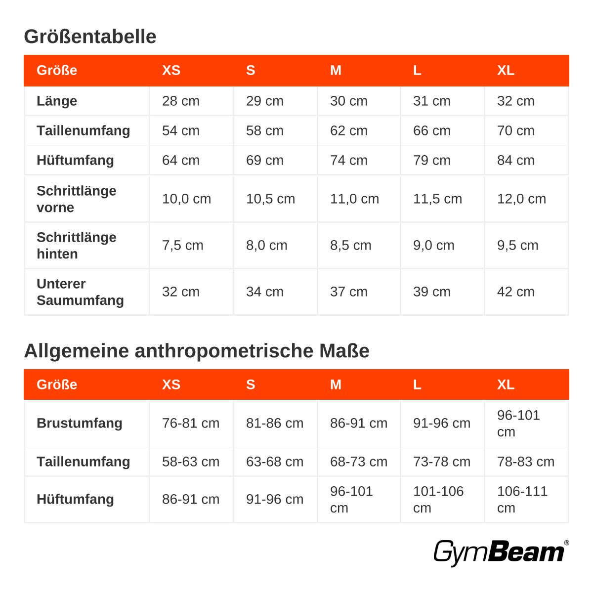 Größentabelle mit Maßen für Länge, Taillen-, Hüft- und Saumumfang sowie Schrittlänge für die Größen XS bis XL.