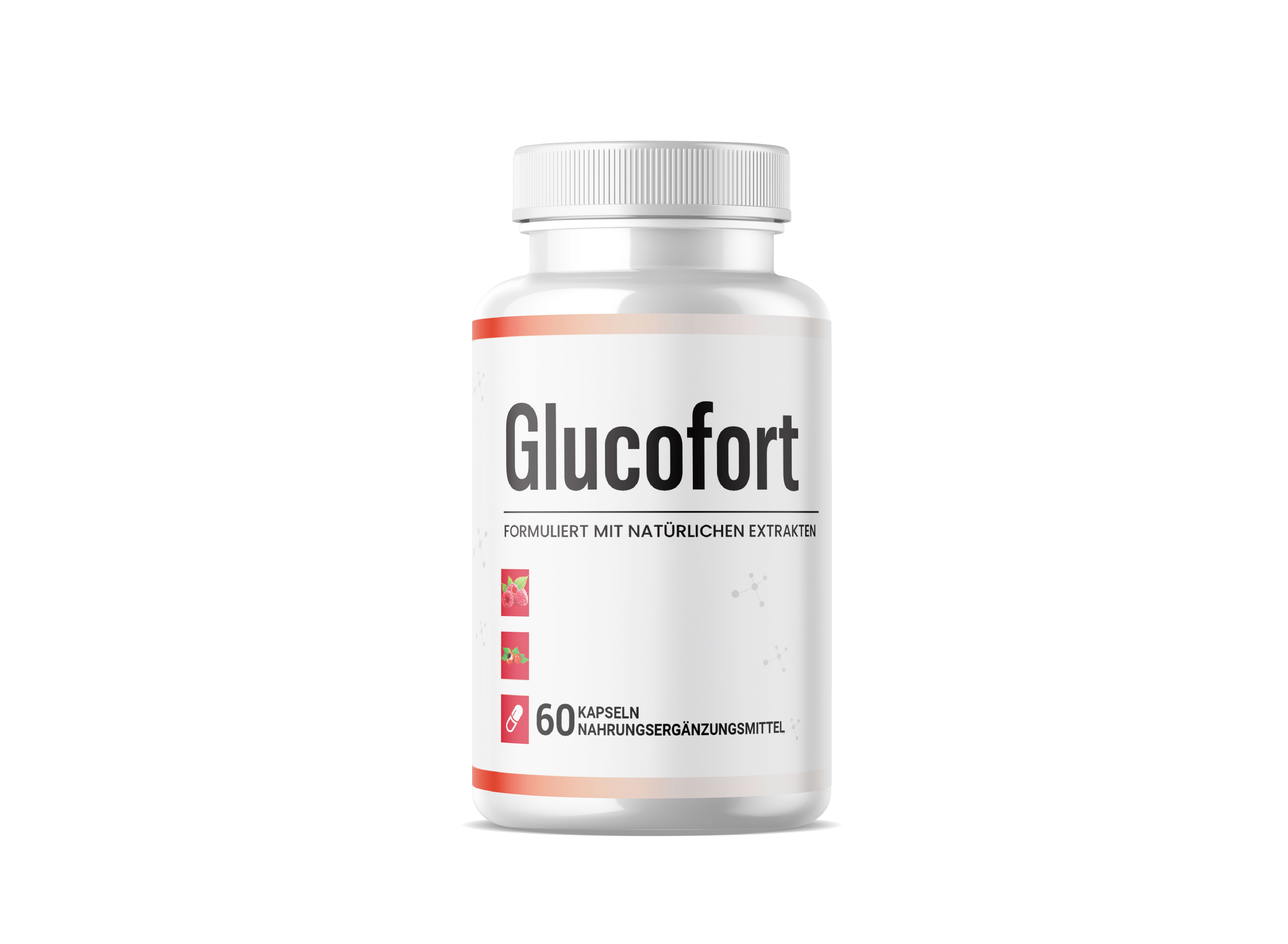 Weiße Flasche mit Glucofort-Etikett. Enthält 60 Kapseln. Aufschrift: Formuliert mit natürlichen Extrakten.