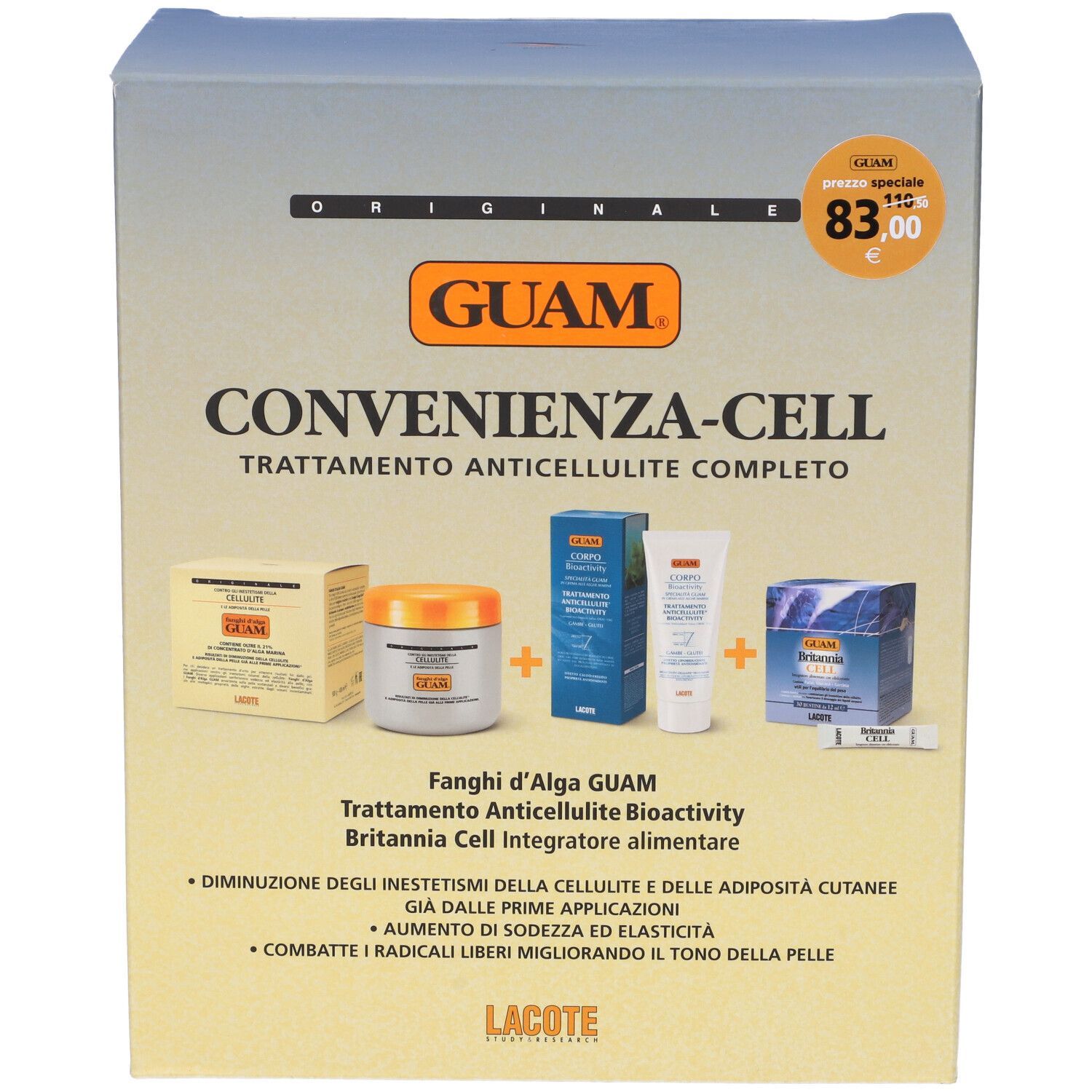 Confezione del prodotto con più prodotti. Testo: GUAM, Convenienza-Cell, Trattamento Anticellulite Completo. Prezzo.
