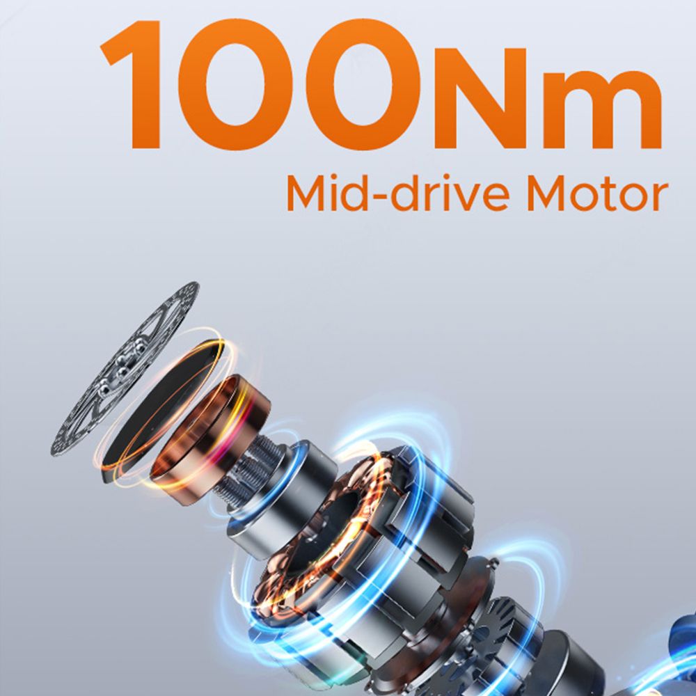 Explosionszeichnung des Mittelmotor. Text: 100Nm Mid-drive Motor. Metall- und Kupferteile.