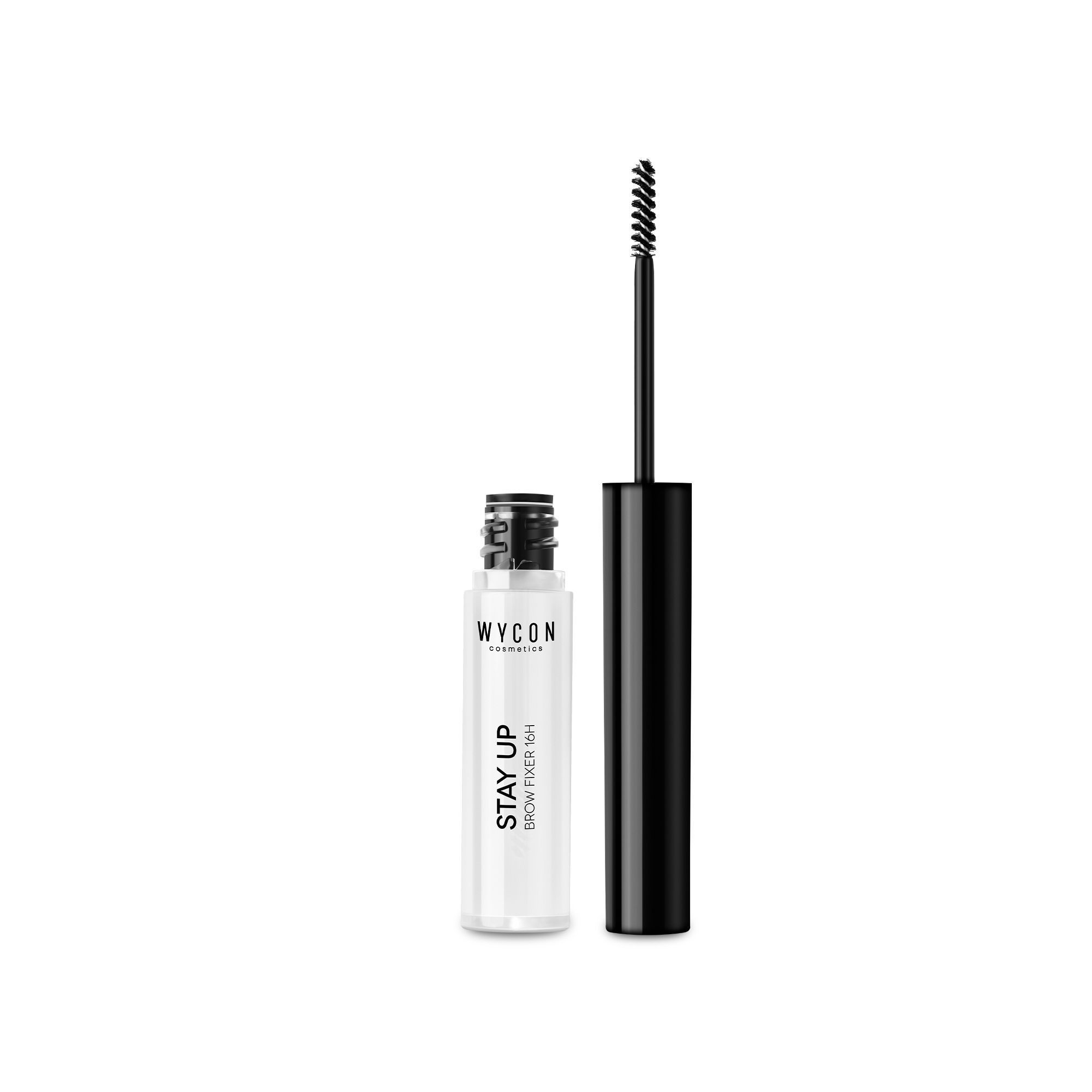 WYCON Cosmetics Stay Up Brow Fixer. Tubetto trasparente con tappo nero e spazzolino. Nome del prodotto e marchio visibili.