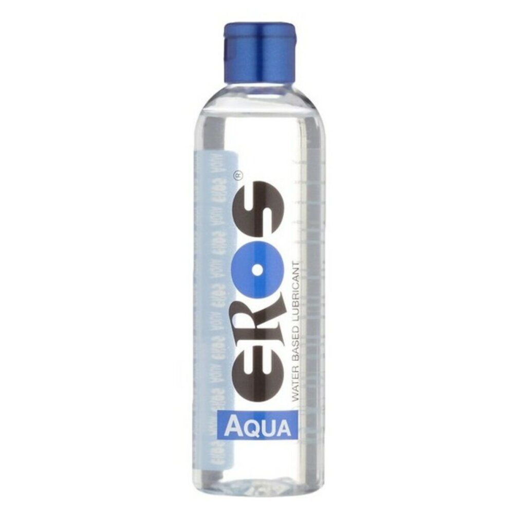Klarer Flakon mit blauem Deckel. Aufschrift "eros AQUA".